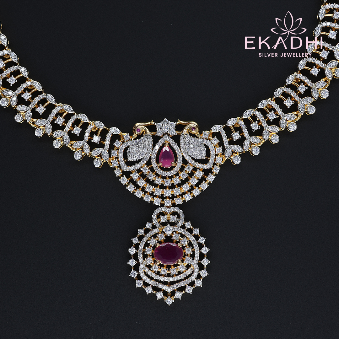 HJ10582 – Premium CZ Bridal Necklace with Red and White Stones