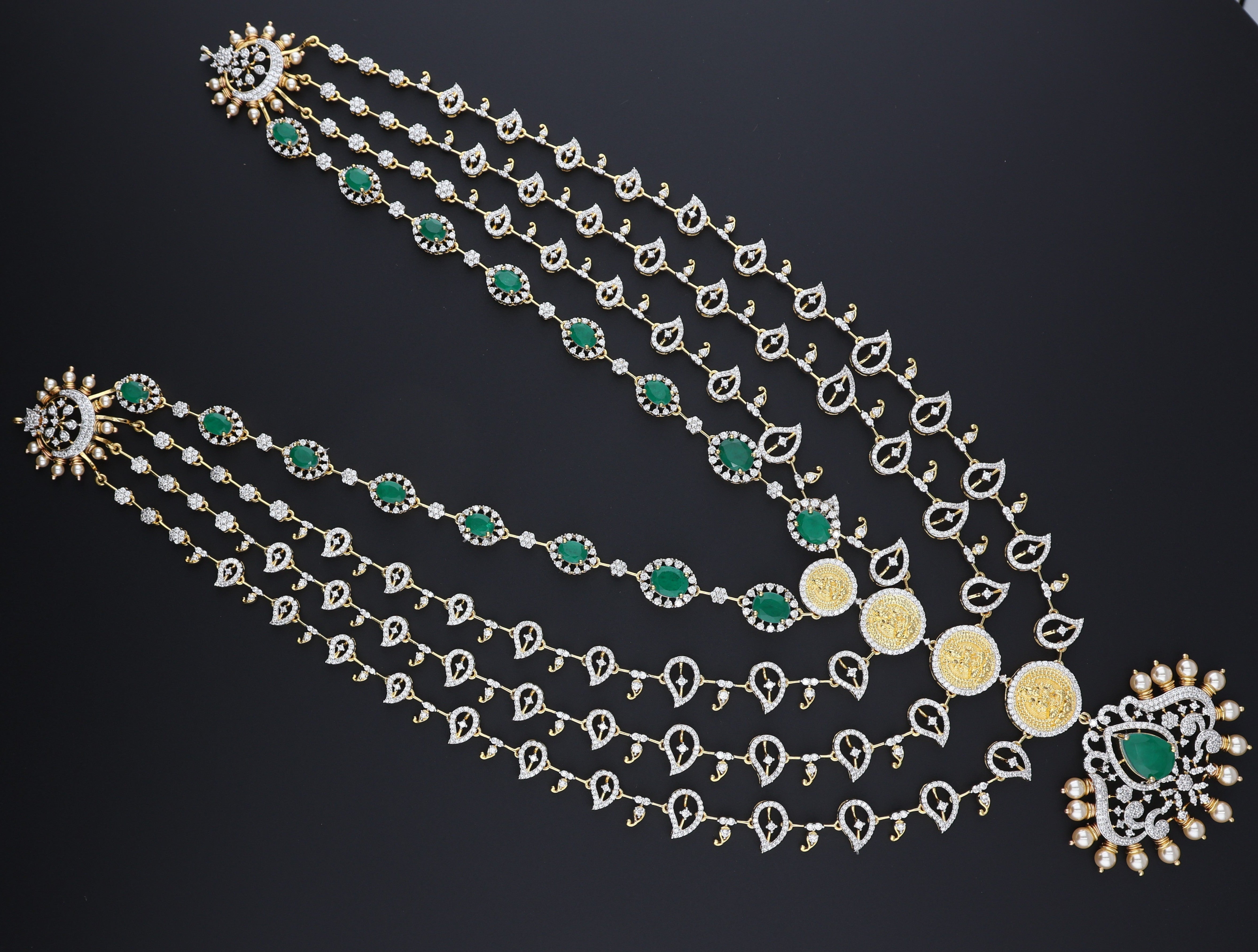 HJ13032 – Four-Layered Grand Haram with CZ and Green Stones