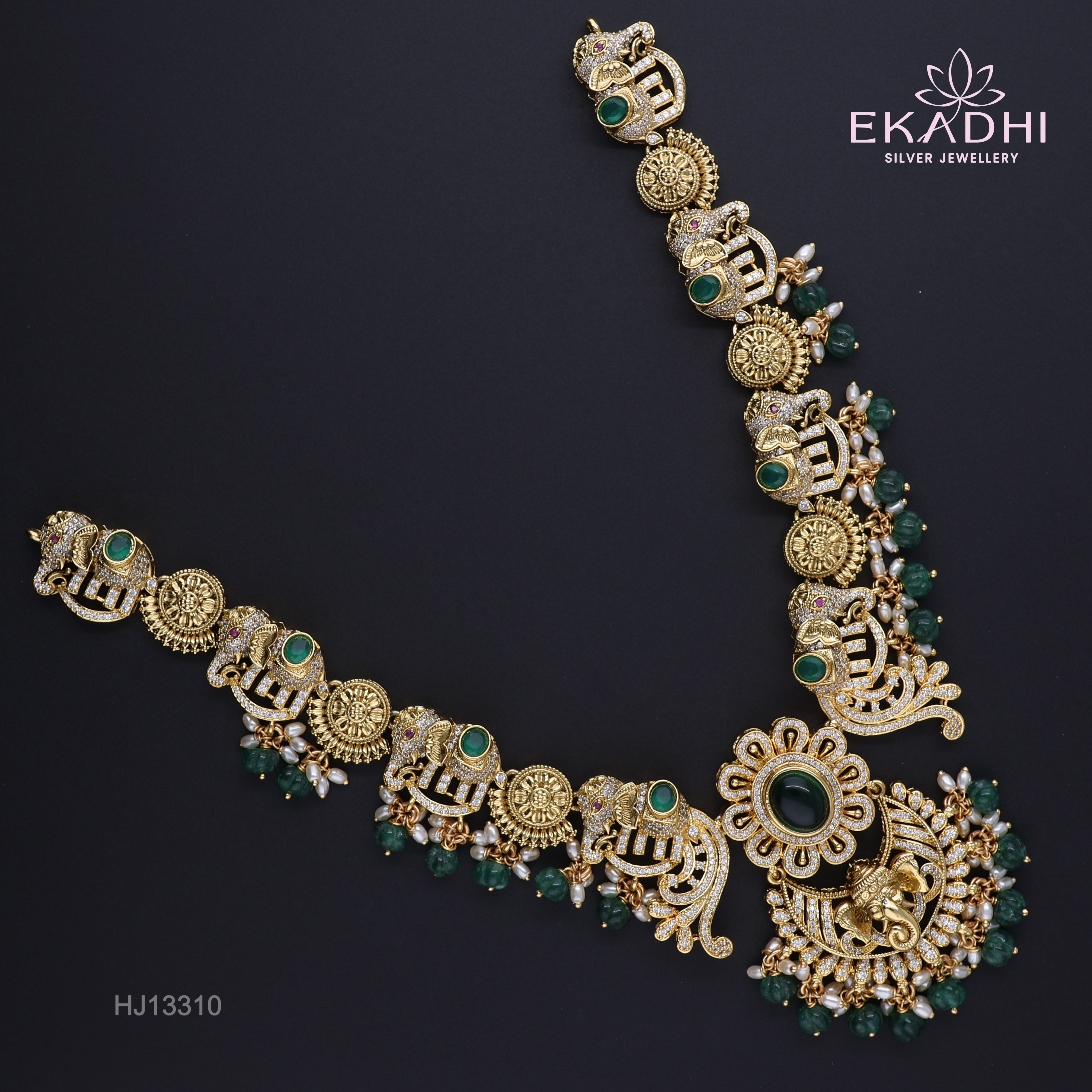 HJ13310 – Nakshi CZ Necklace with Ganesha Pendant & Emerald Accents