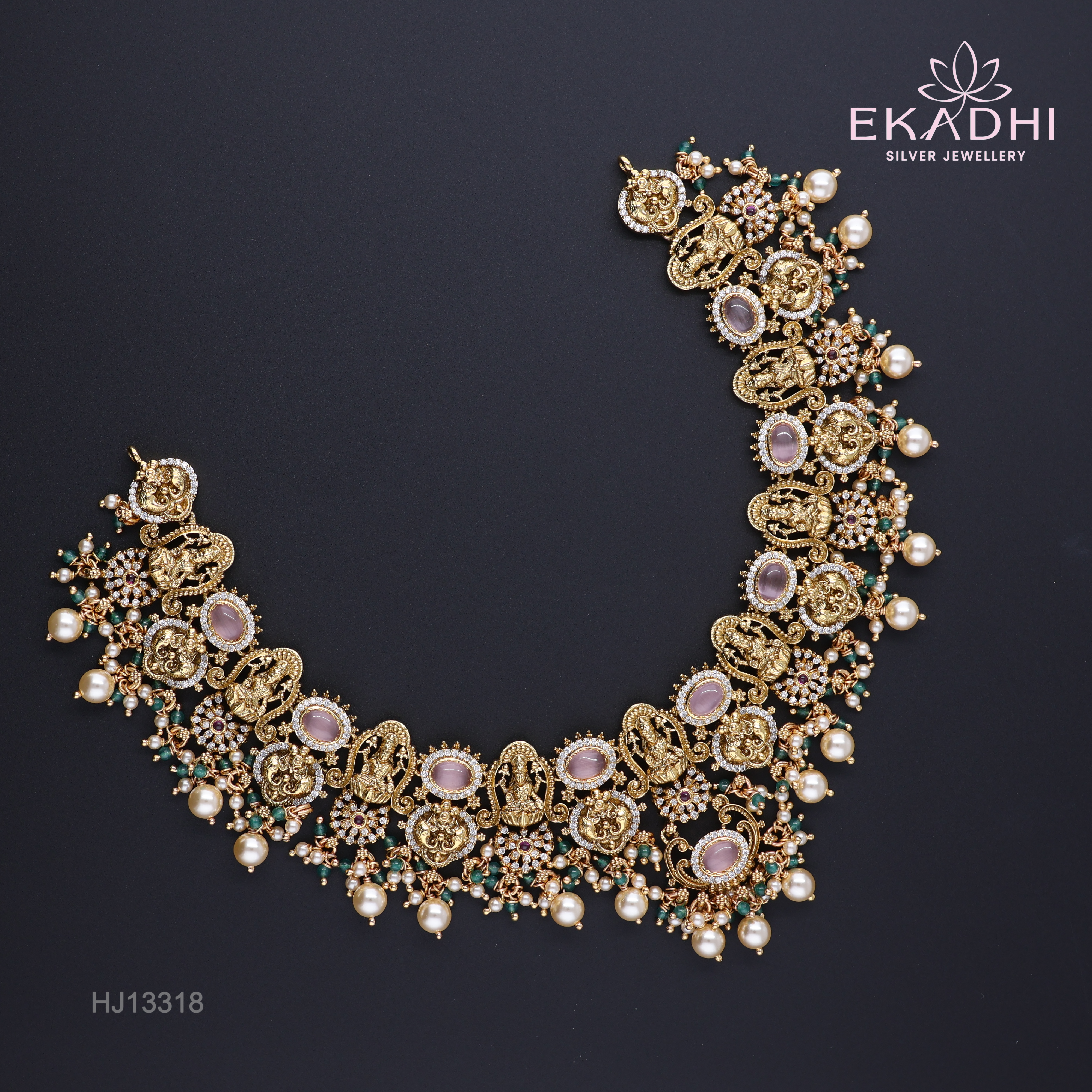 HJ13318 – Nakshi CZ Necklace with Rich Temple Motifs