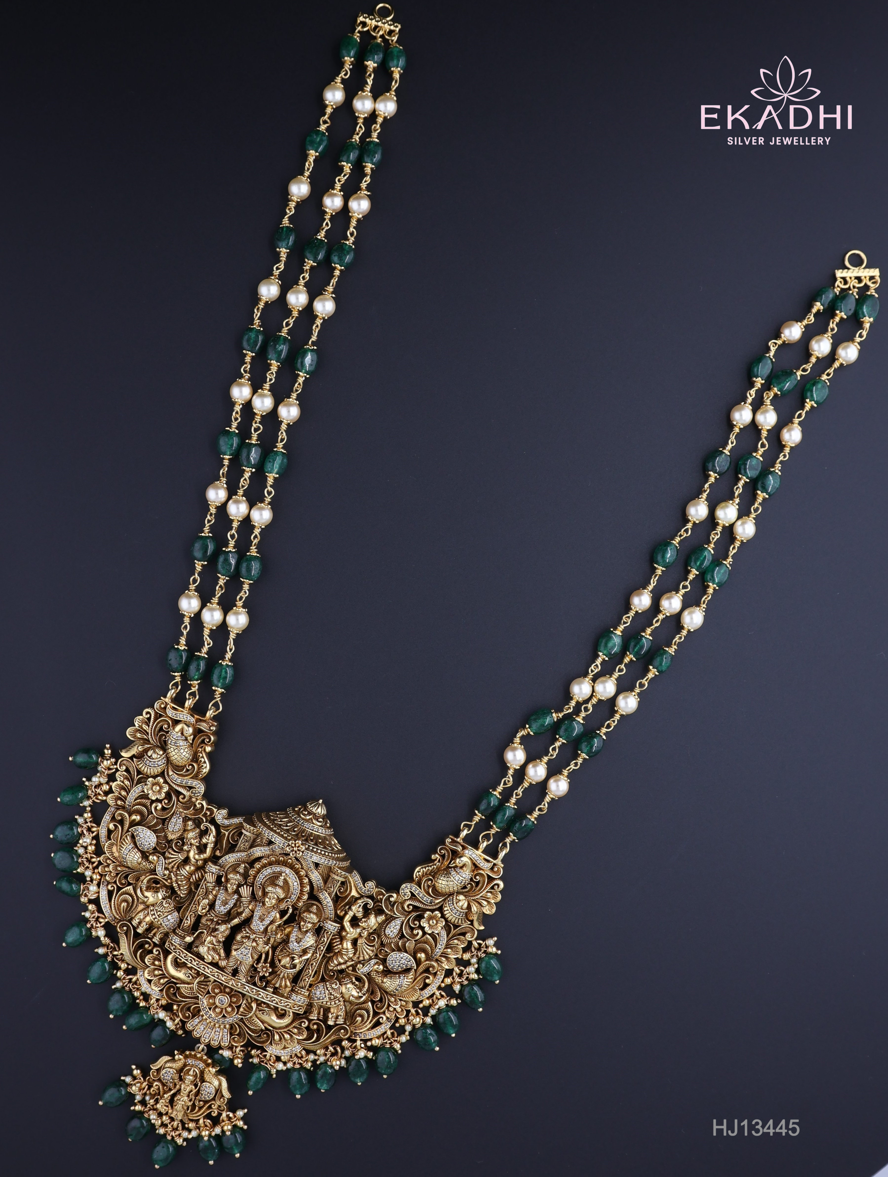 HJ13445 – Nakshi Ultra-Lightweight Temple Haram with Ram Parivar Pendant