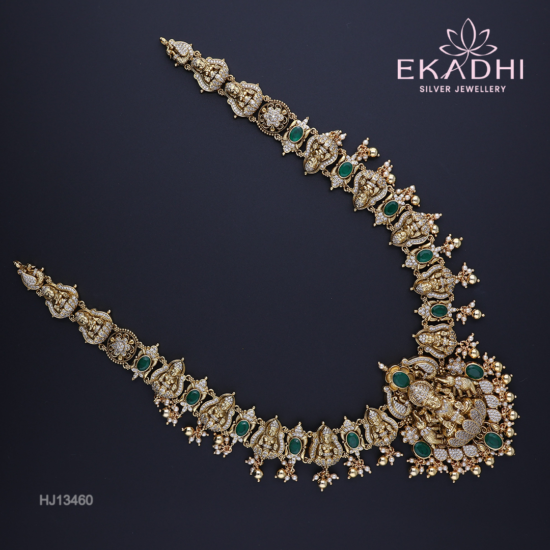 HJ13460 – Nakshi Ultra-Lightweight Temple Haram with Emerald Accents