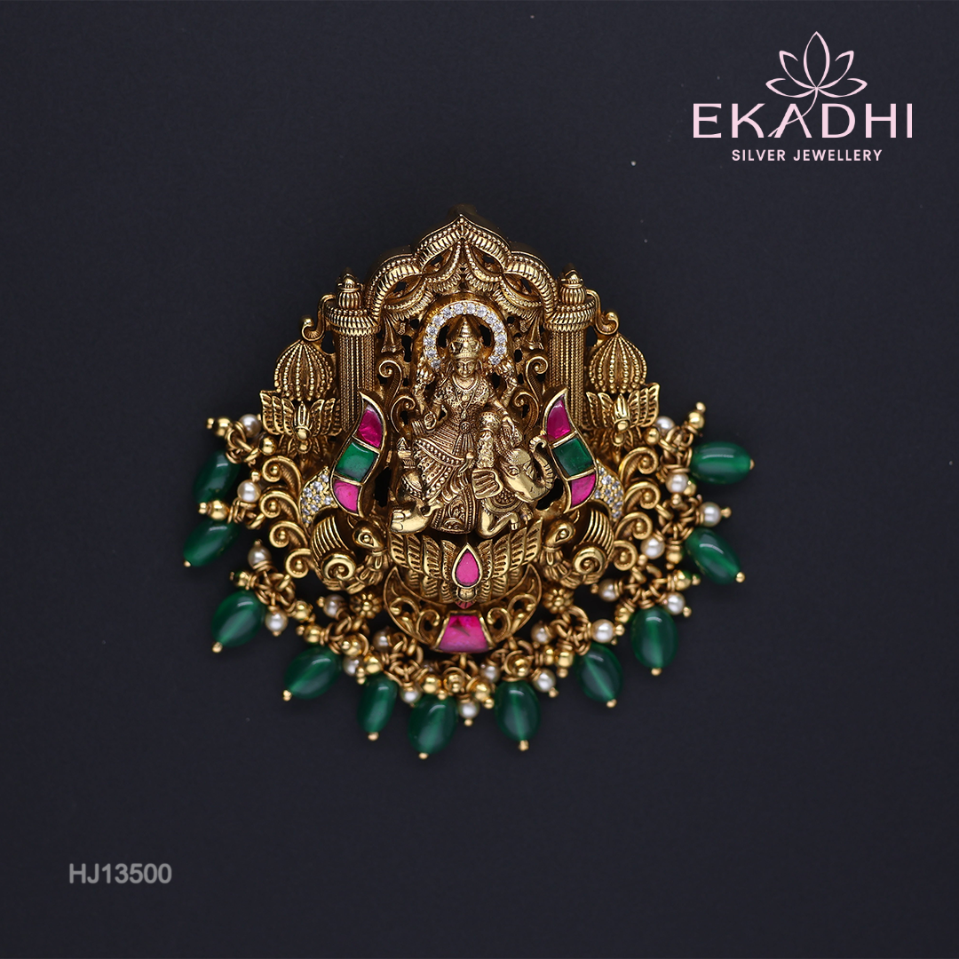 HJ13500 – Nakshi Ultra-Lightweight Pendant with Temple Design & Green Beads