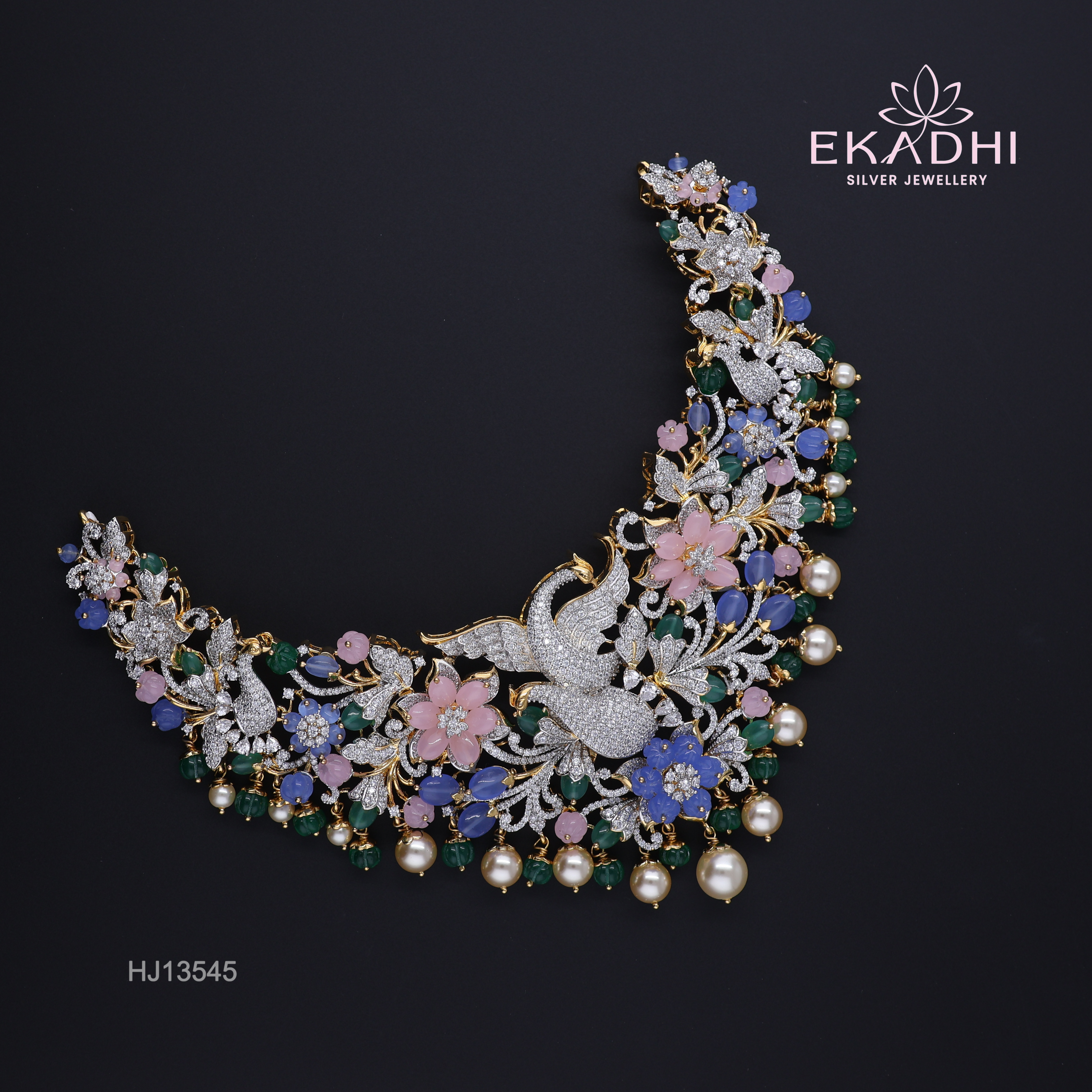 HJ13545 – Colour Stone Necklace with Swan & Floral Motifs