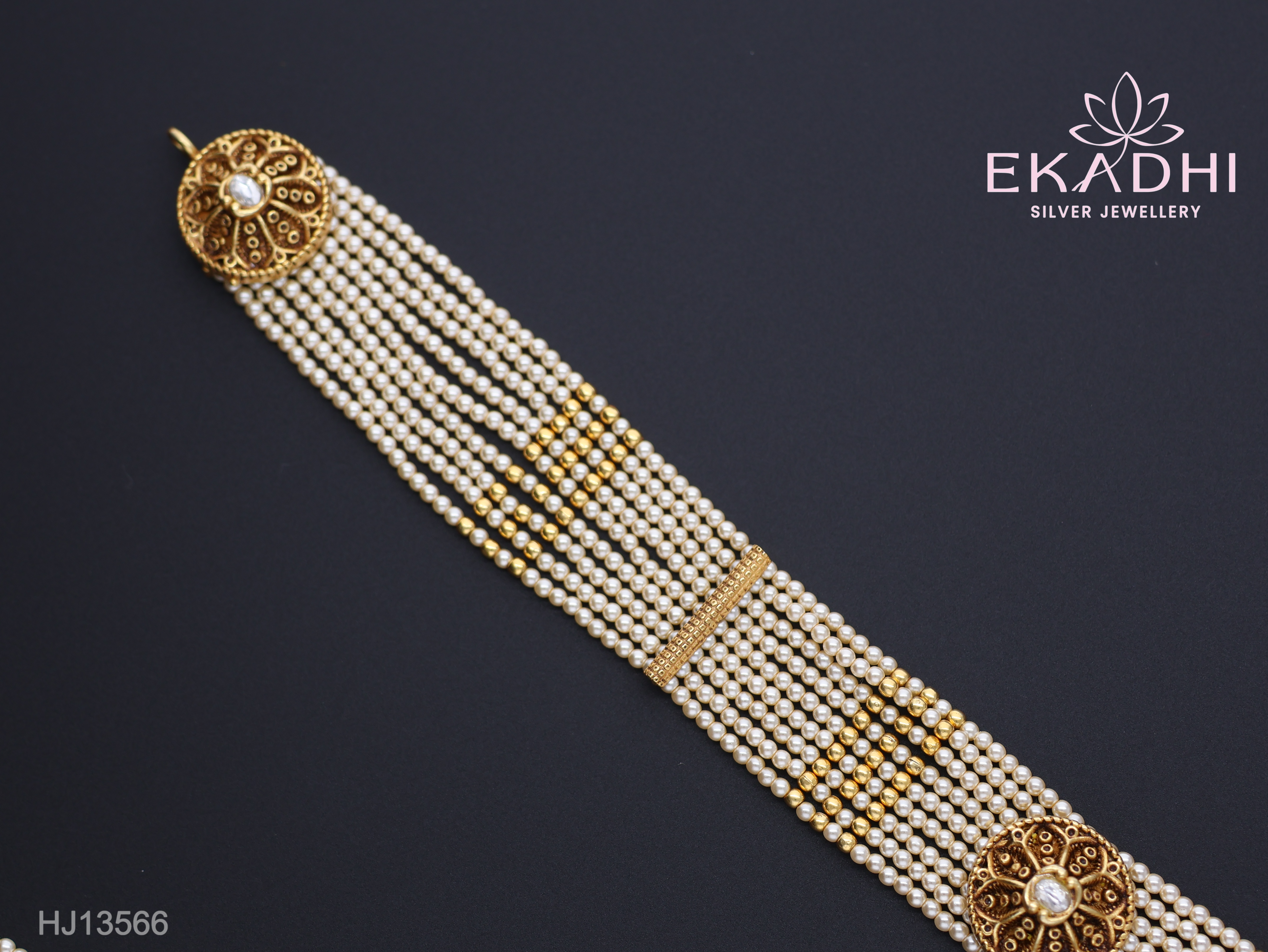 HJ13566 – Nakshi Kundan Haram with White Beads & Temple Motifs