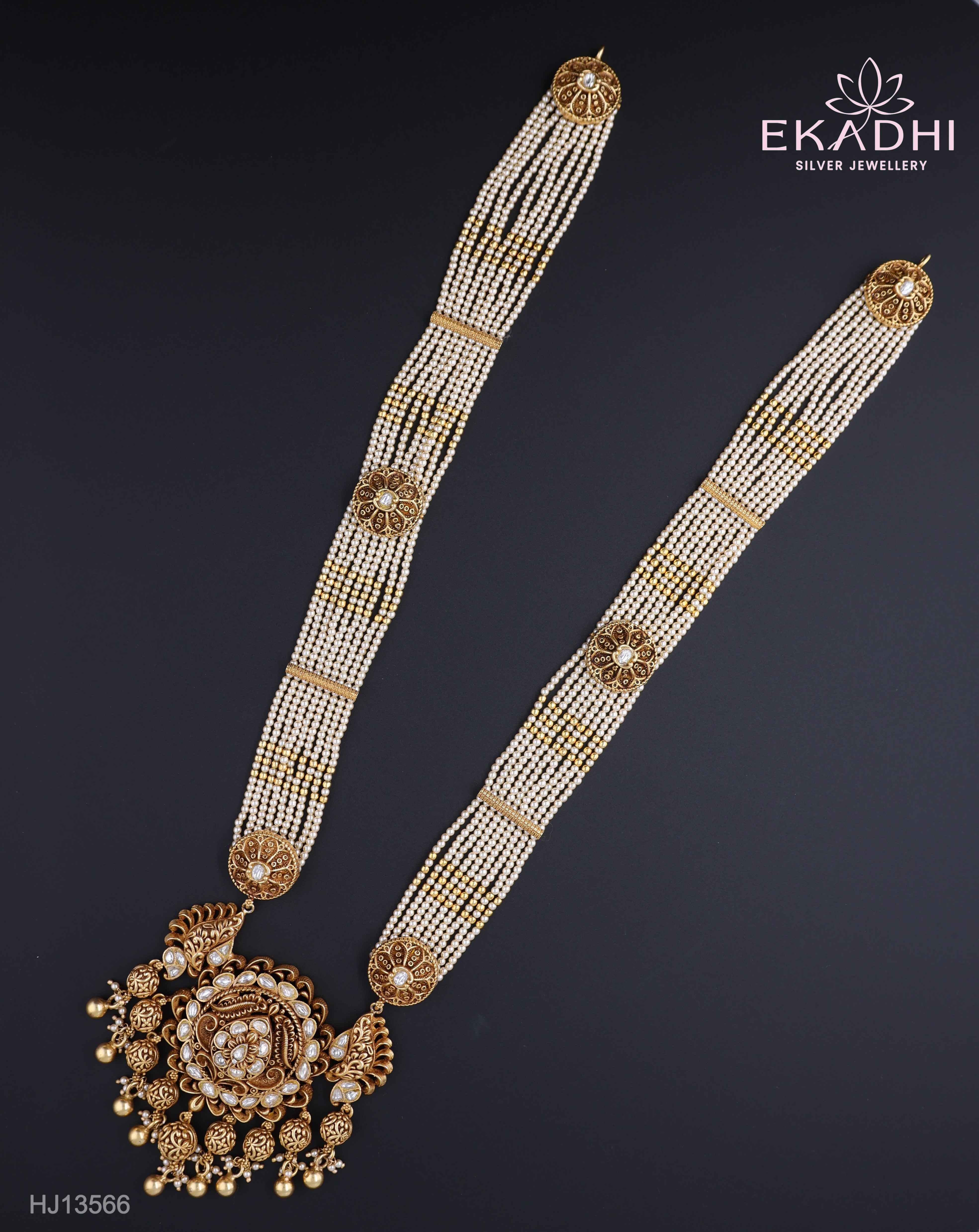 HJ13566 – Nakshi Kundan Haram with White Beads & Temple Motifs