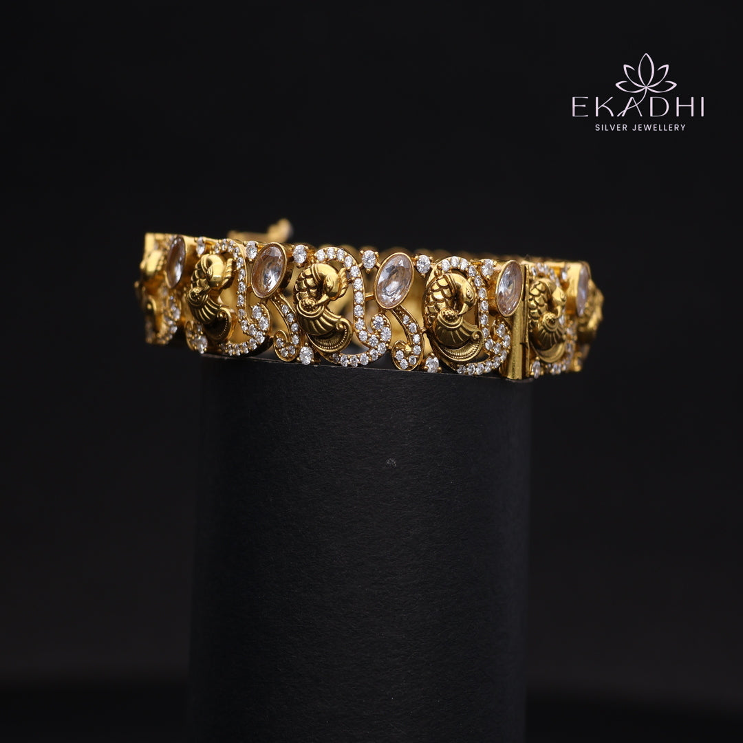 HJ13697 - Nakshi CZ Silver Bangle with Traditional Motifs