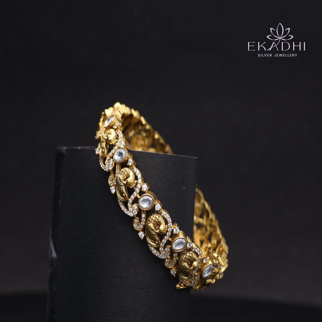 HJ13698 -  Nakshi CZ Silver Bangle with Traditional Motifs
