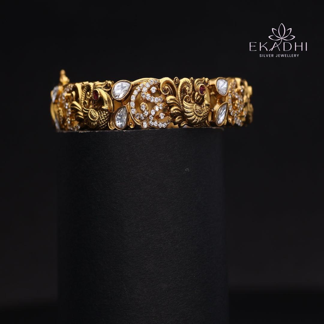 HJ13699 - Nakshi CZ Silver Bangle with Traditional Motifs