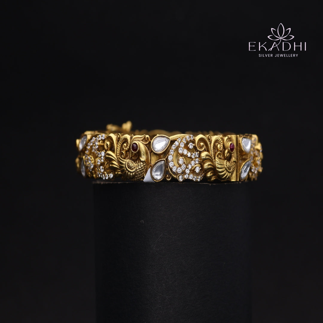 HJ13700 - Nakshi CZ Silver Bangle with Traditional Motifs