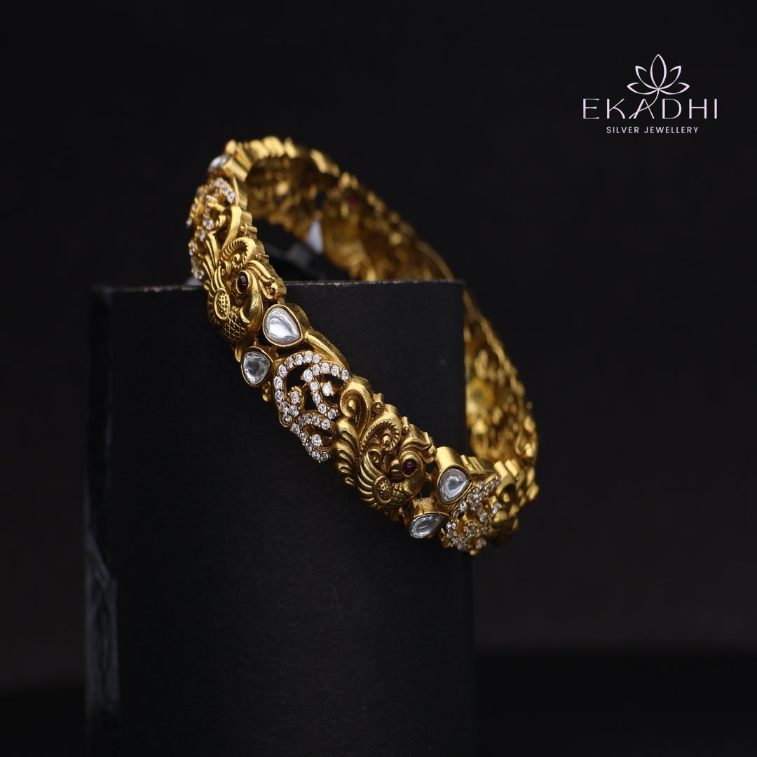 HJ13700 - Nakshi CZ Silver Bangle with Traditional Motifs