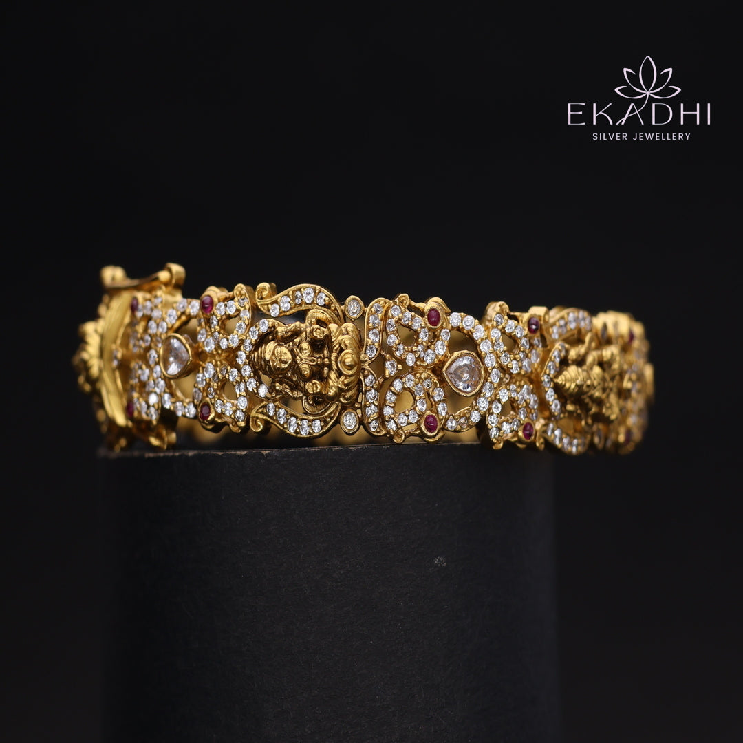 HJ13702 - Nakshi CZ Silver Bangle with Traditional Motifs