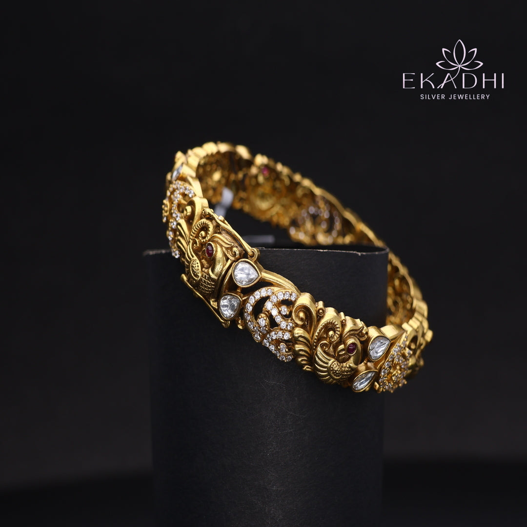 HJ13704 - Nakshi CZ Silver Bangle with Traditional Motifs