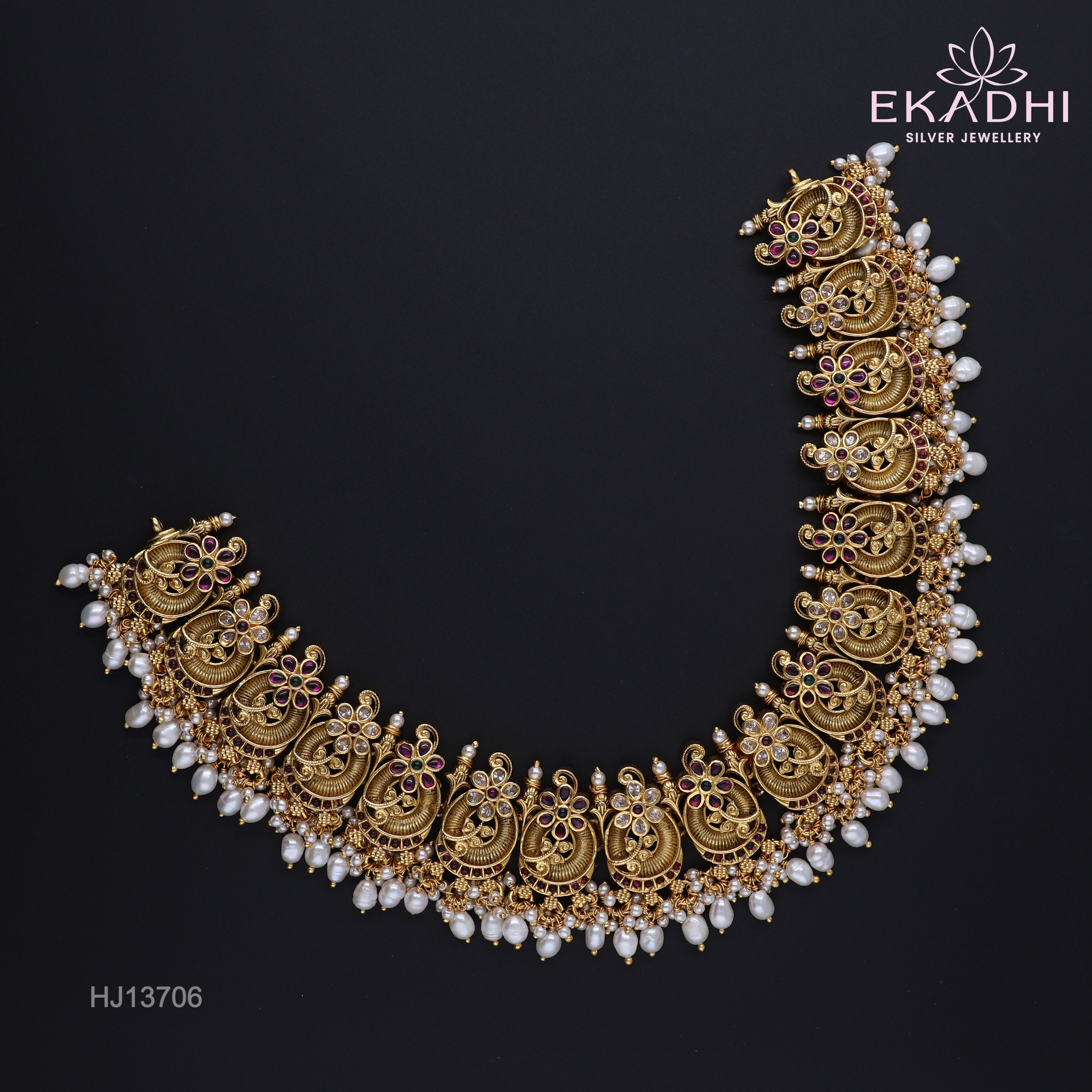 HJ13706 – Nakshi Necklace with Elegant Temple Touch & White Beads