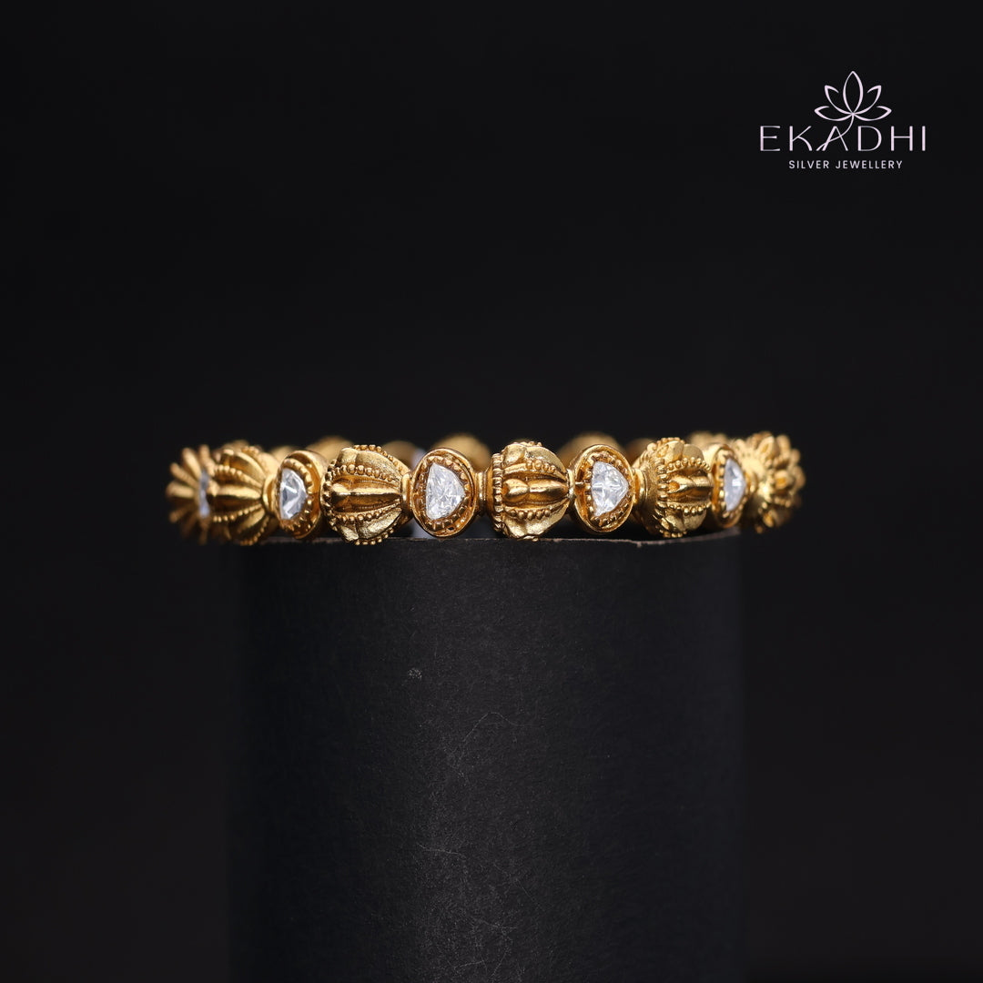 HJ13724- Nakshi CZ Silver Bangle with Traditional Motifs