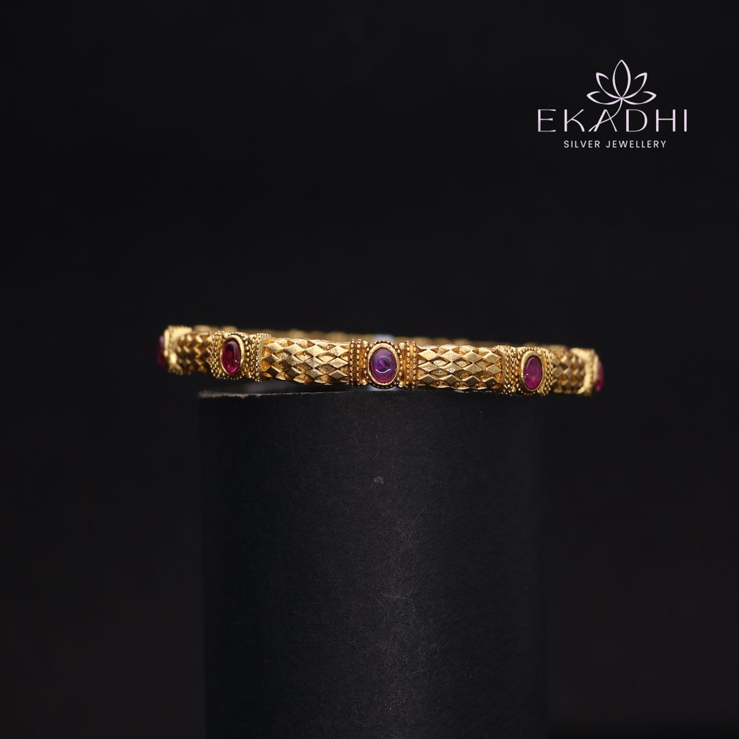 HJ13729- Nakshi CZ Silver Bangle with Traditional Motifs