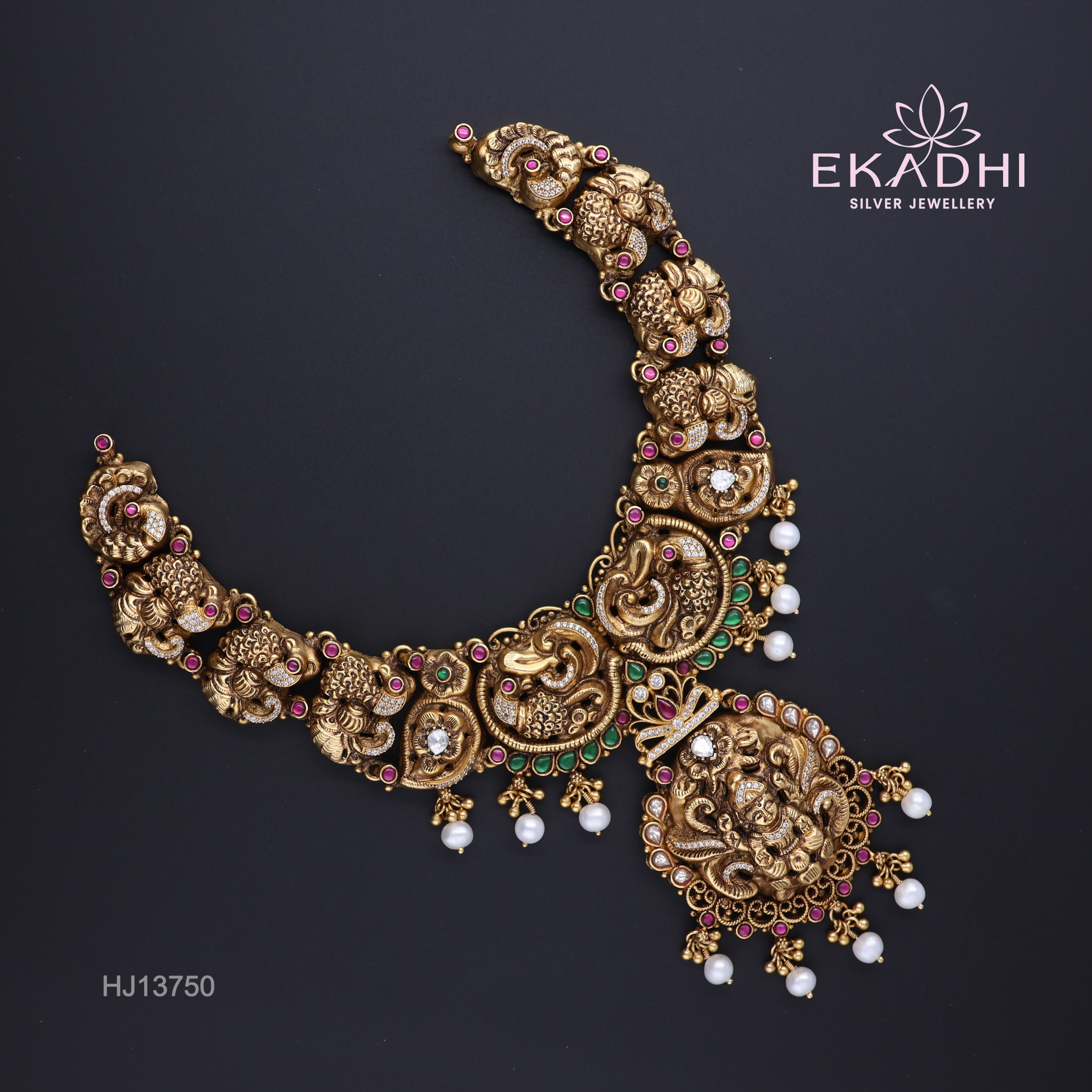 HJ13750 – Nakshi CZ Necklace with Temple Design & White Bead Accents