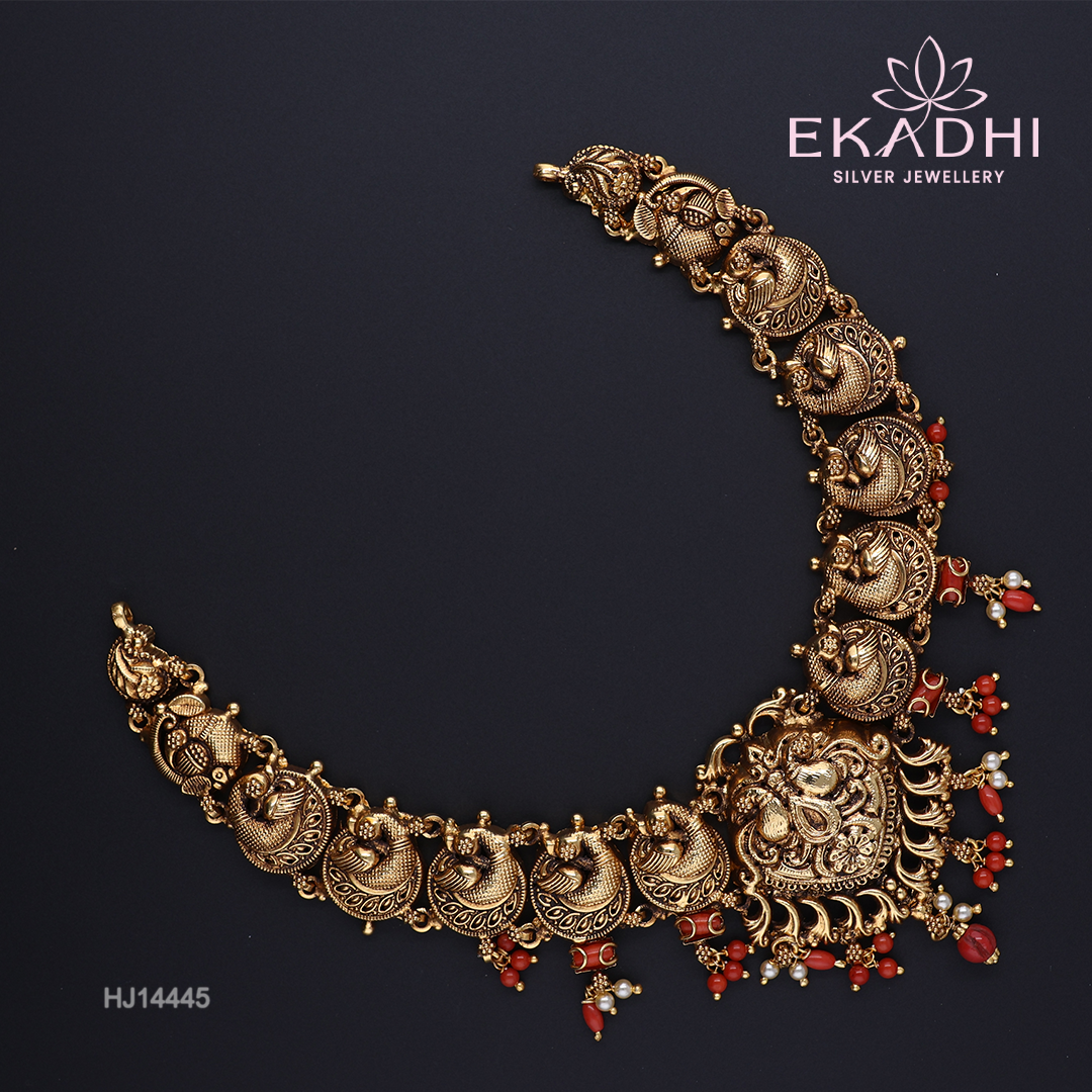HJ14445 – Nakshi Necklace with Temple Motifs, Red Beads & Hamsa
