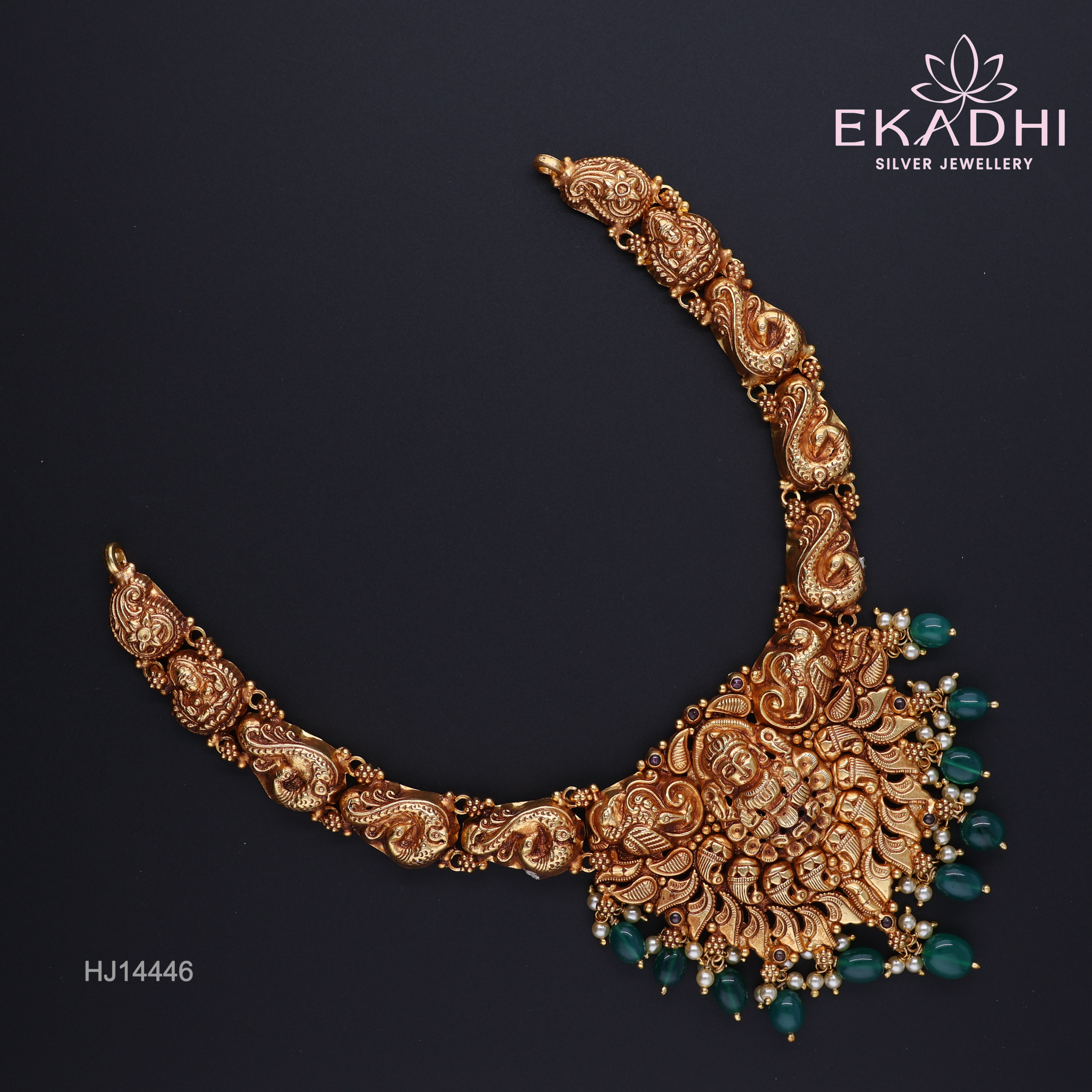 HJ14446 – Nakshi Necklace in Temple Style with Green Beads