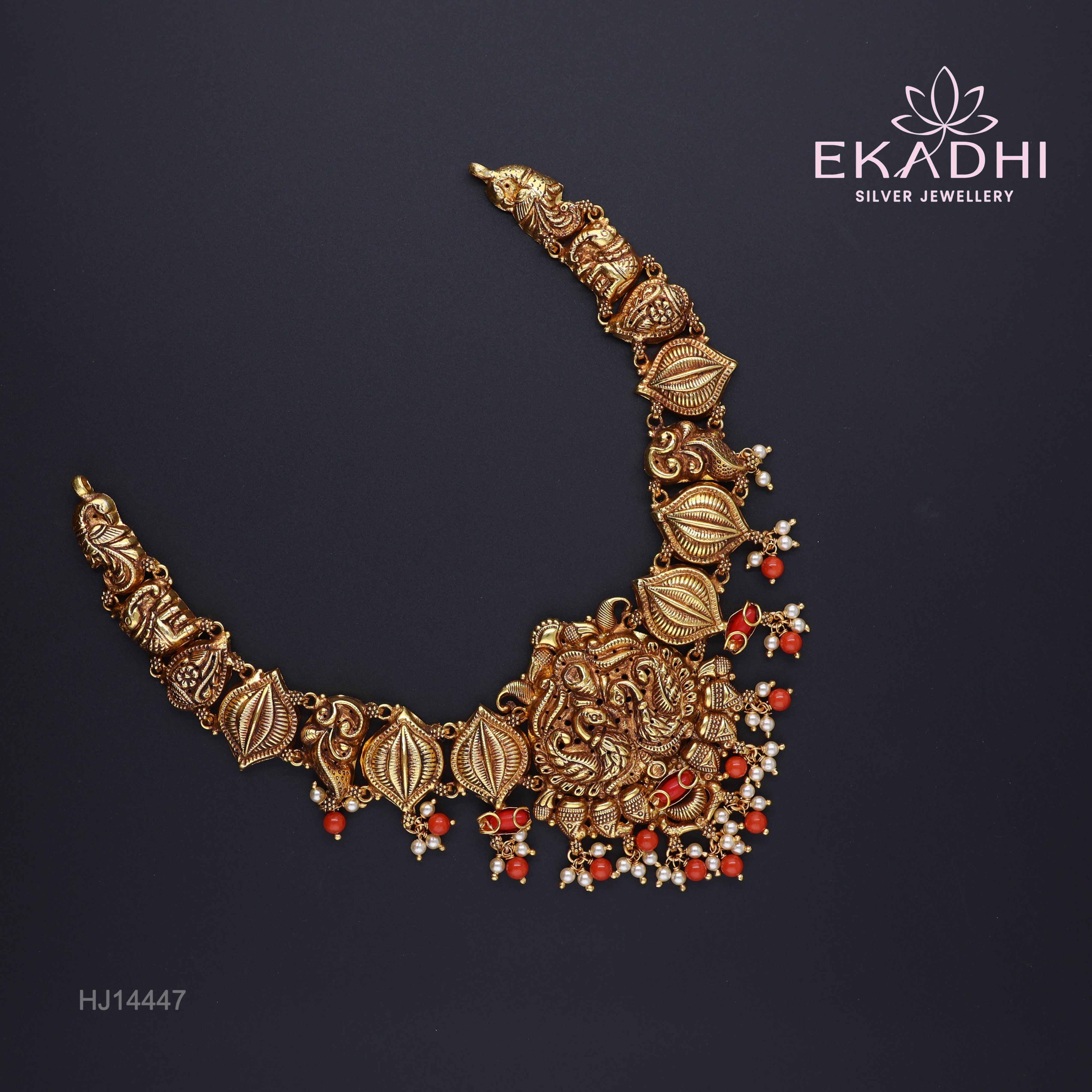 HJ14447 – Nakshi Necklace with Peacock Pendant & Red Beads