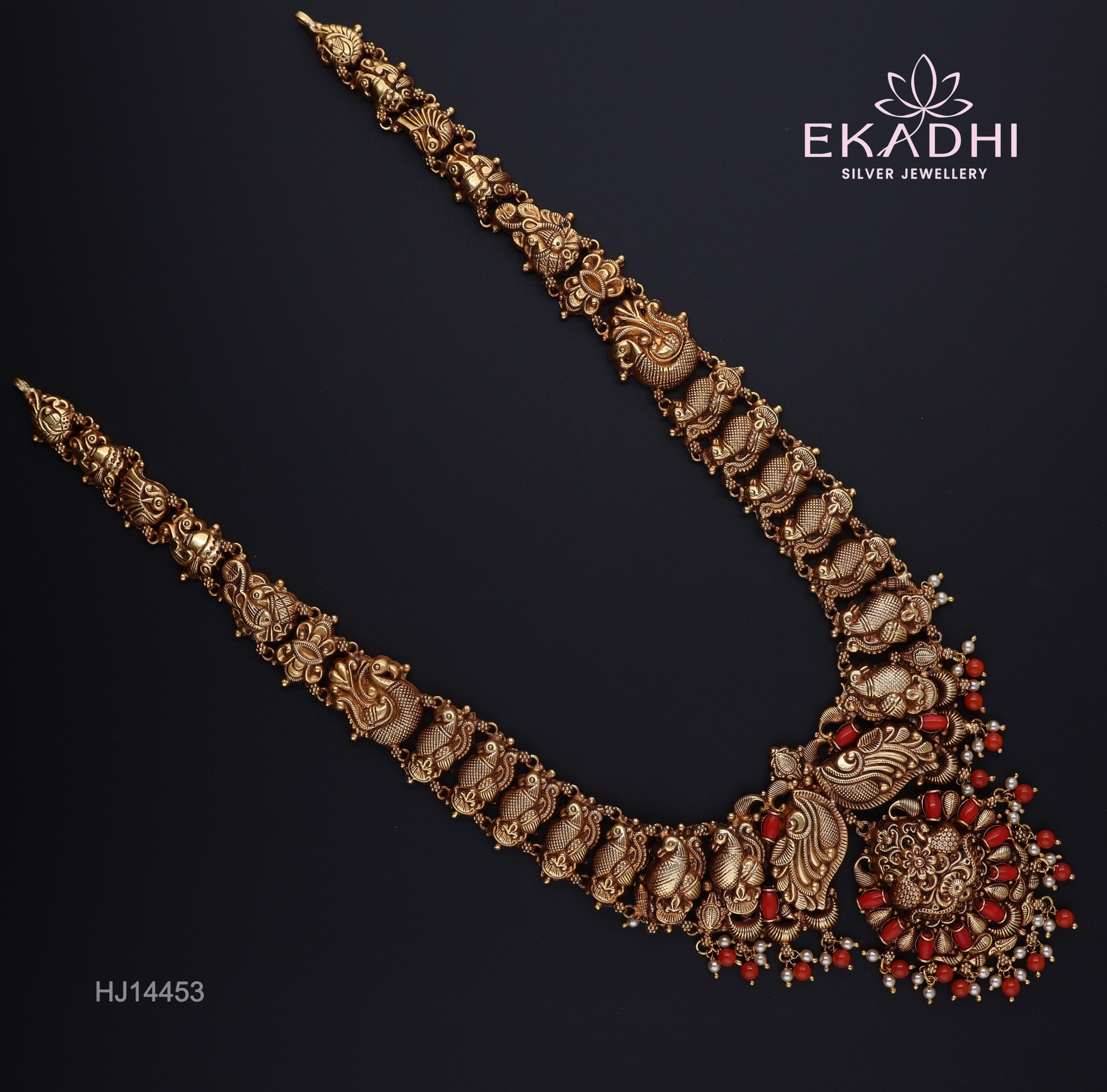 HJ14453 – Nakshi Haram with Long Temple Design & Red Beads