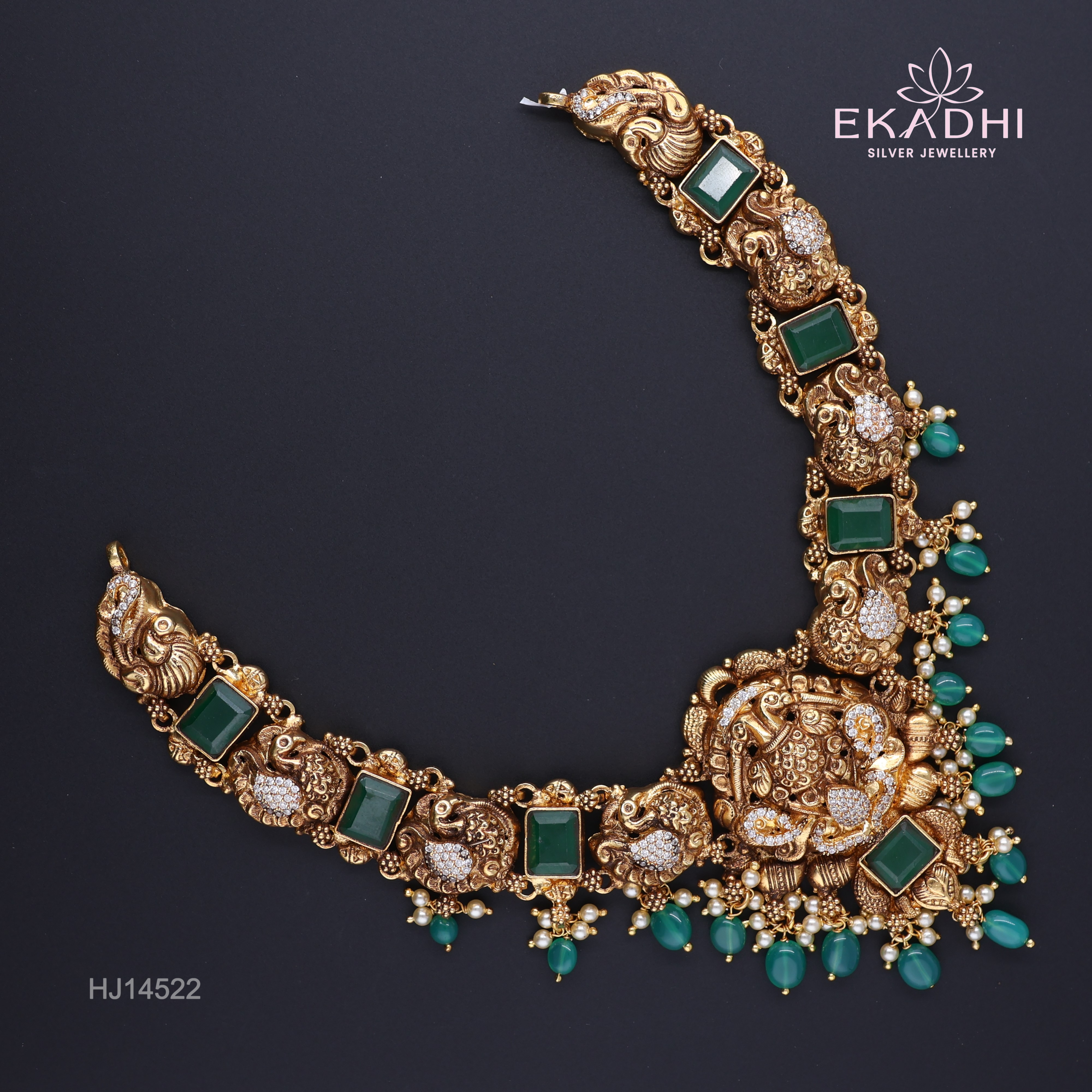 HJ14522 – Nakshi CZ Necklace with Emerald Stones & Green Beads