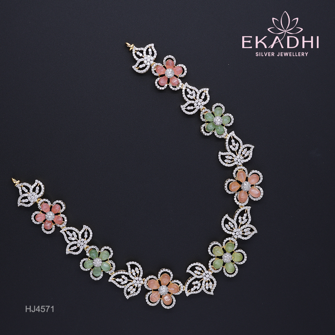 HJ14571 – Colour Stone Necklace with Pink-Green Blooms & Silver Leafs