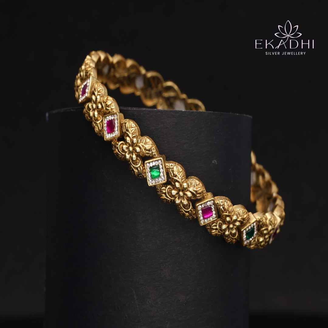 HJ15364-Nakshi CZ Silver Bangle with Traditional Motifs
