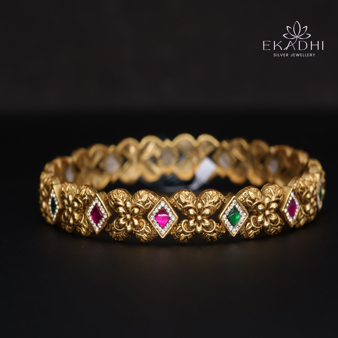 HJ15364-Nakshi CZ Silver Bangle with Traditional Motifs