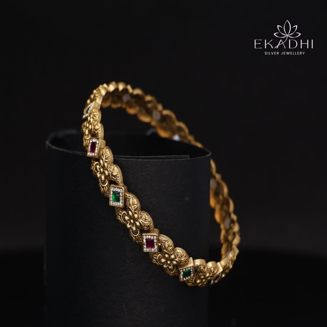 HJ15365- Nakshi CZ Silver Bangle with Traditional Motifs