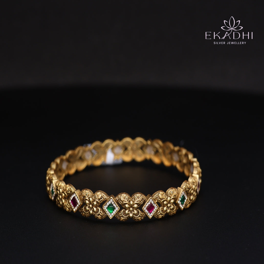 HJ15365- Nakshi CZ Silver Bangle with Traditional Motifs