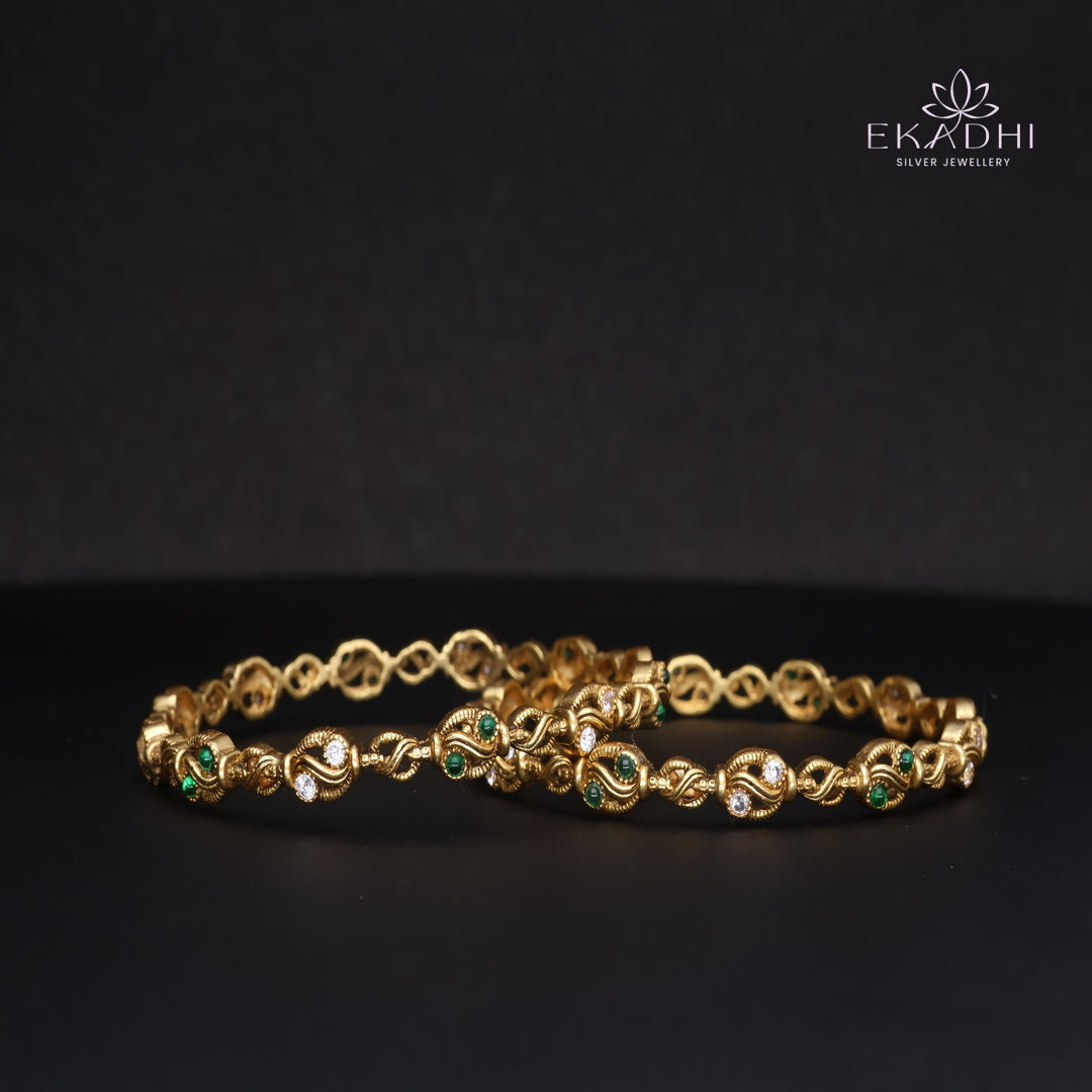 HJ15366-Nakshi CZ Silver Bangles with Traditional Motifs
