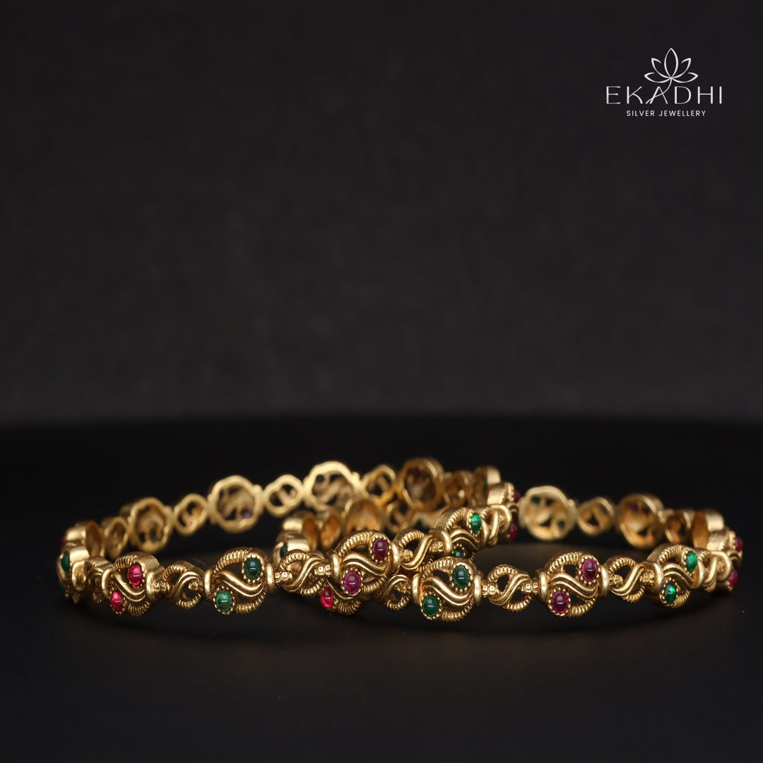 HJ15367-Nakshi CZ Silver Bangles with Traditional Motifs