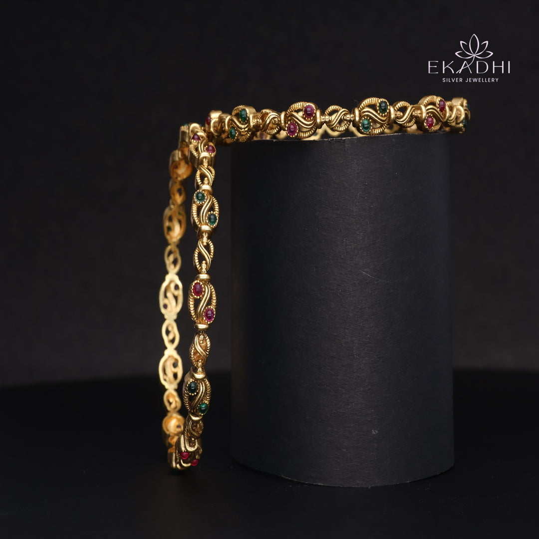 HJ15367-Nakshi CZ Silver Bangles with Traditional Motifs