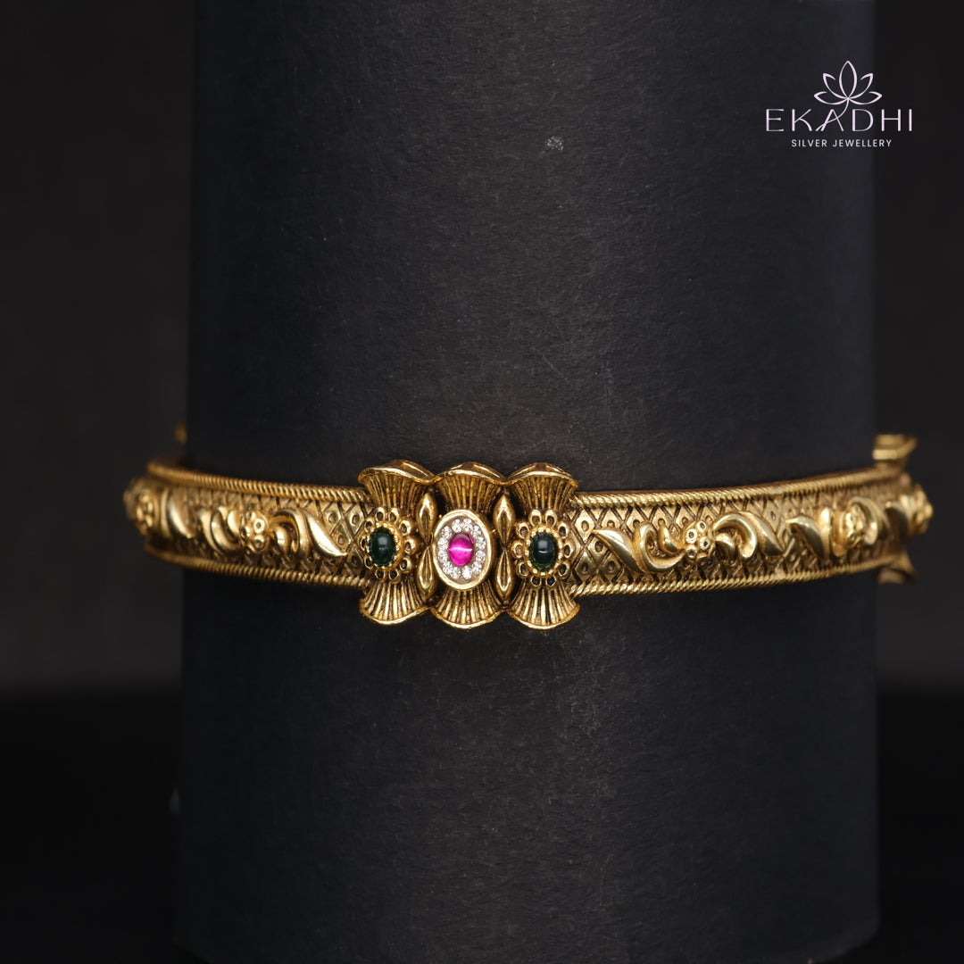HJ15368- Nakshi CZ Silver Bangle with Traditional Motifs