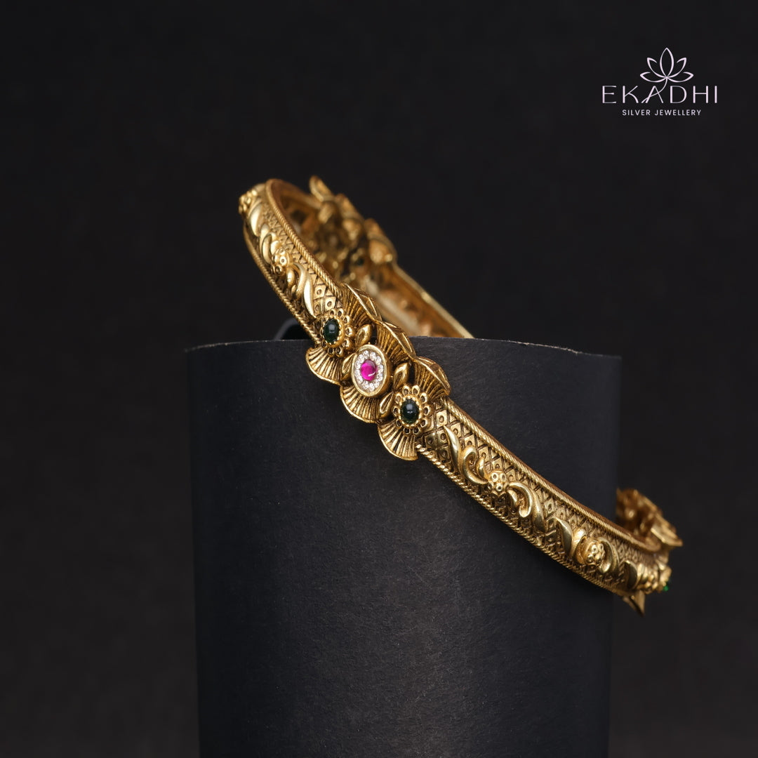 HJ15368- Nakshi CZ Silver Bangle with Traditional Motifs