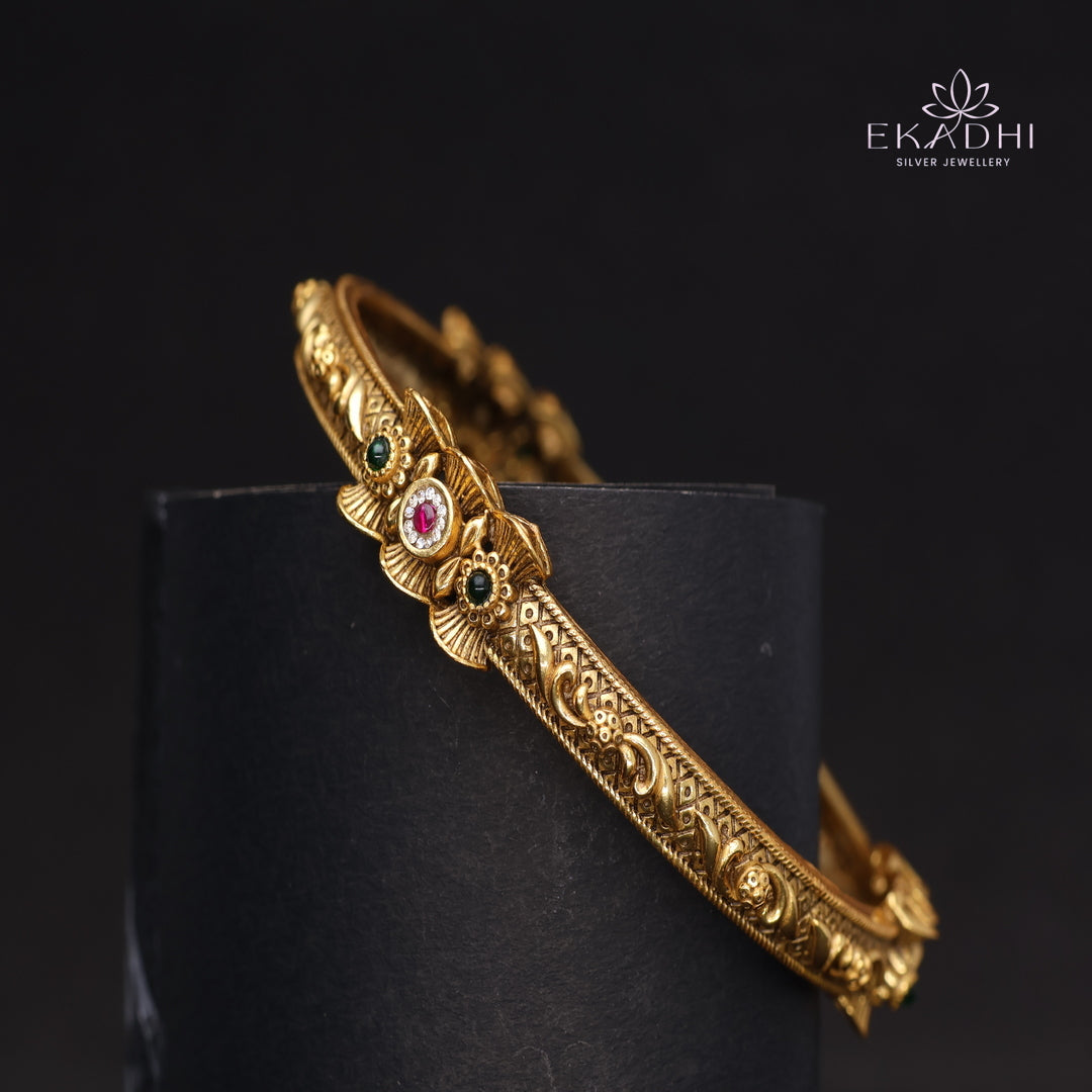 HJ15369-Nakshi CZ Silver Bangle with Traditional Motifs