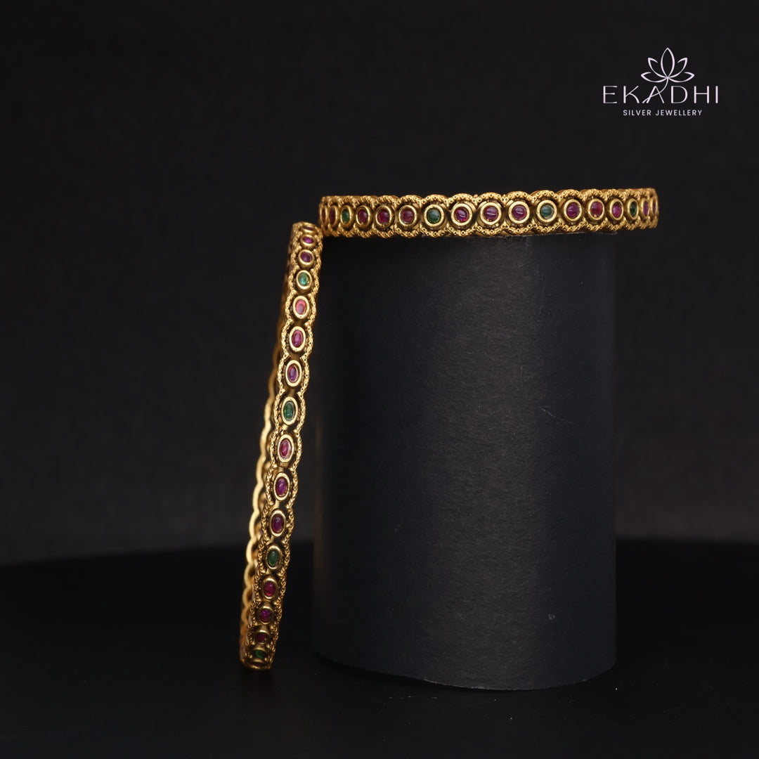 HJ15370- Nakshi CZ Silver Bangles with Traditional Motifs