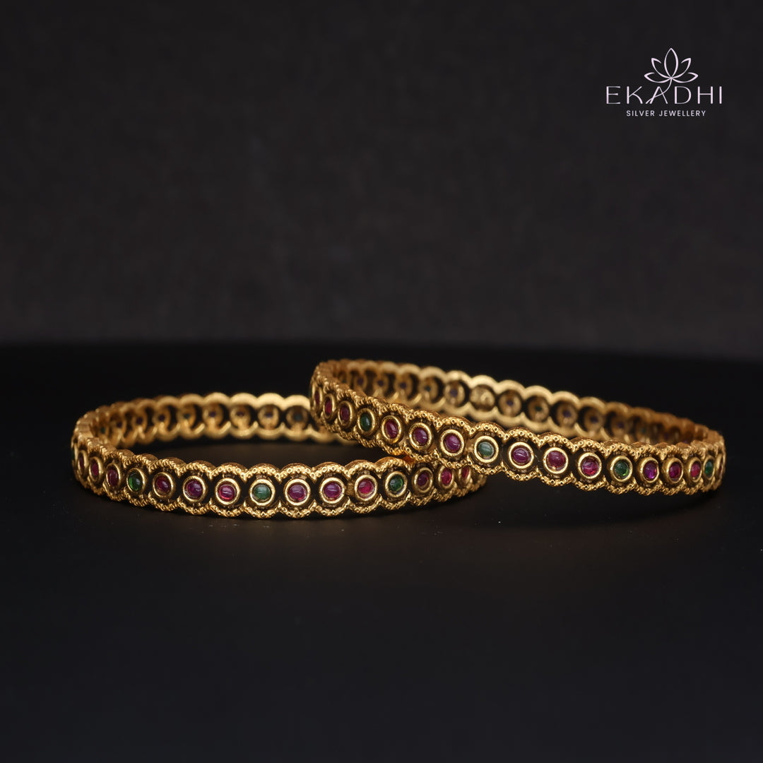 HJ15370- Nakshi CZ Silver Bangles with Traditional Motifs