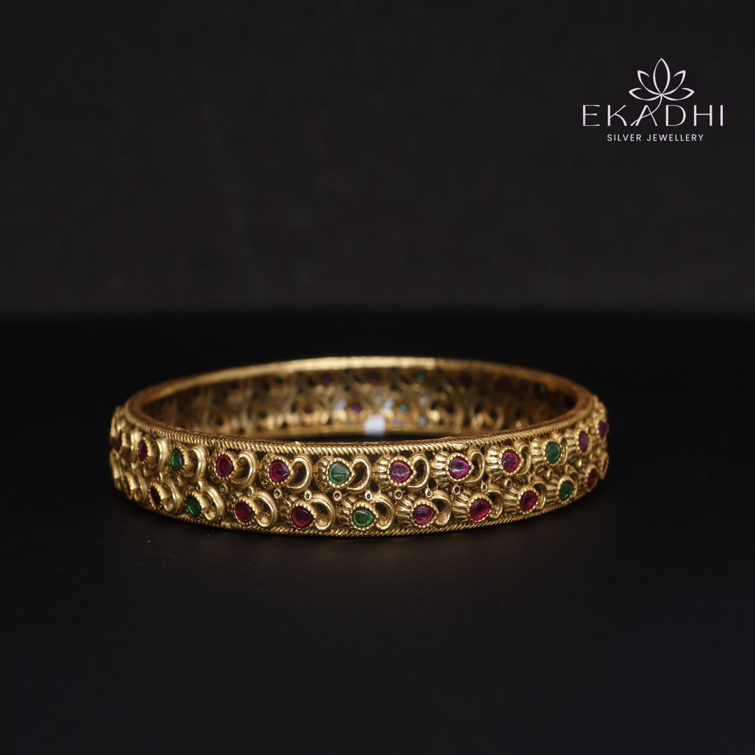 HJ15372- Nakshi CZ Silver Bangle with Traditional Motifs
