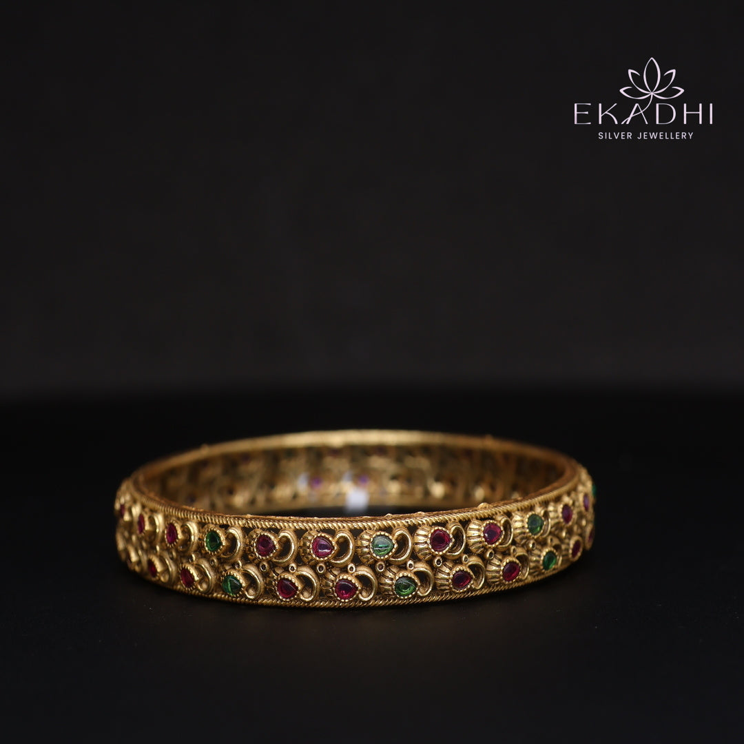 HJ15371-Nakshi CZ Silver Bangle with Traditional Motifs