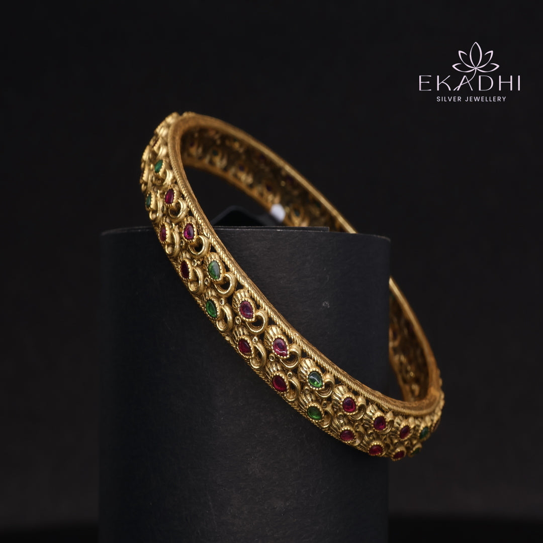 HJ15372- Nakshi CZ Silver Bangle with Traditional Motifs