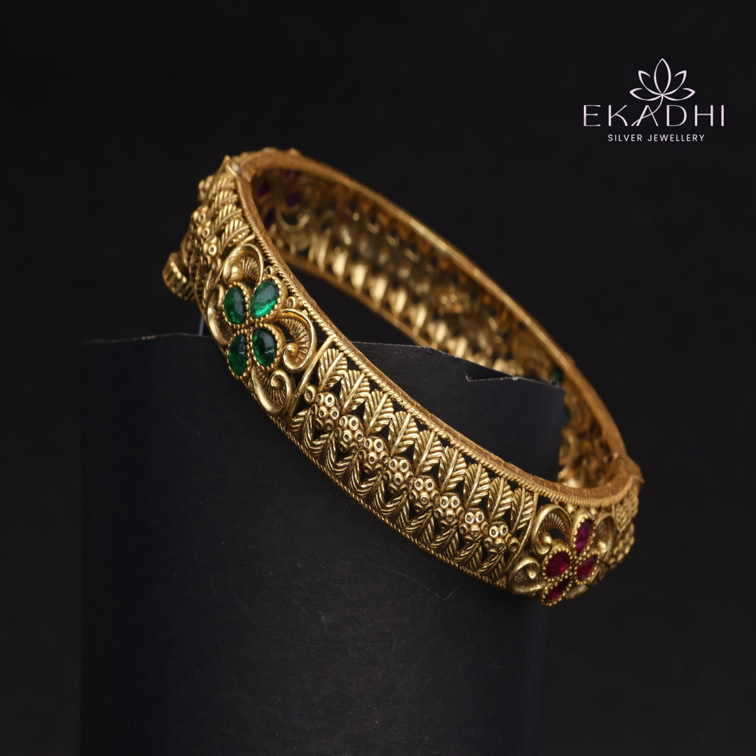 HJ15373-Nakshi CZ Silver Bangle with Traditional Motifs