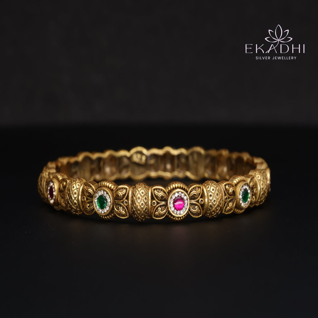 HJ15375-Nakshi CZ Silver Bangle with Traditional Motifs