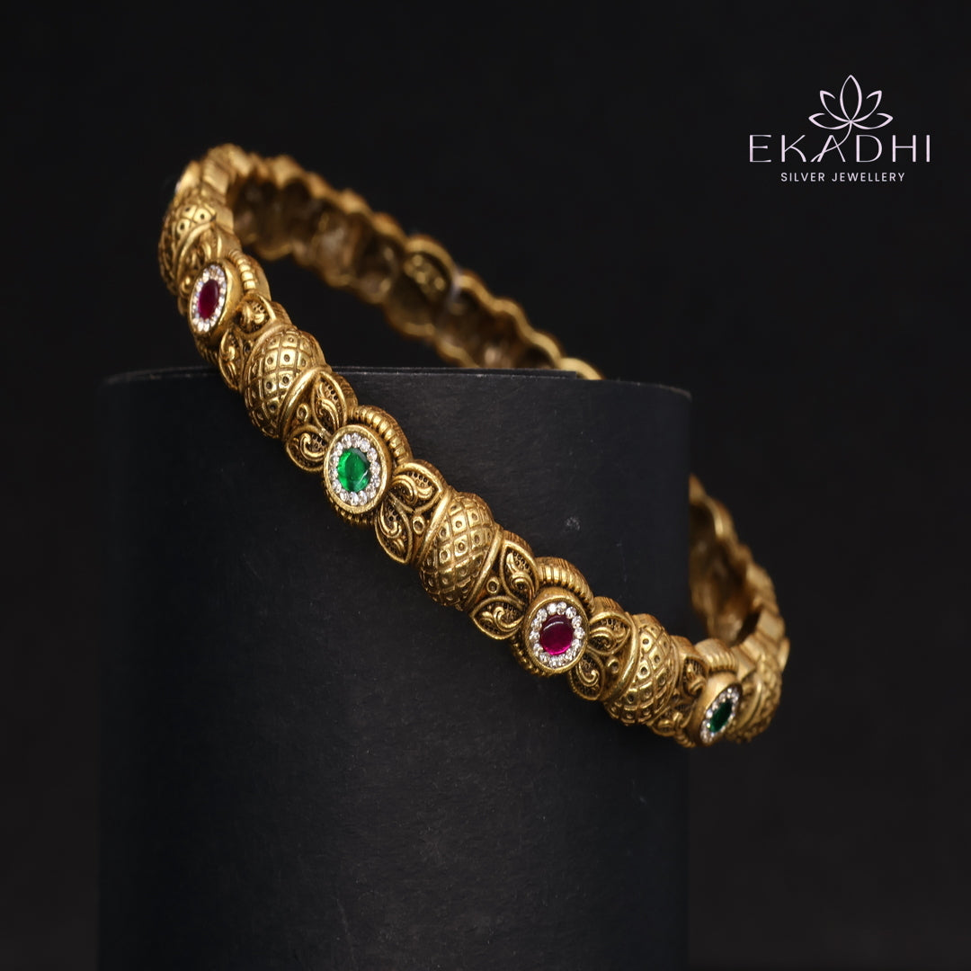 HJ15375-Nakshi CZ Silver Bangle with Traditional Motifs