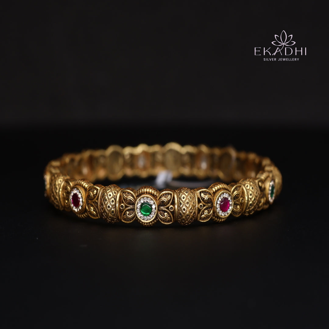 HJ15376-Nakshi CZ Silver Bangle with Traditional Motifs