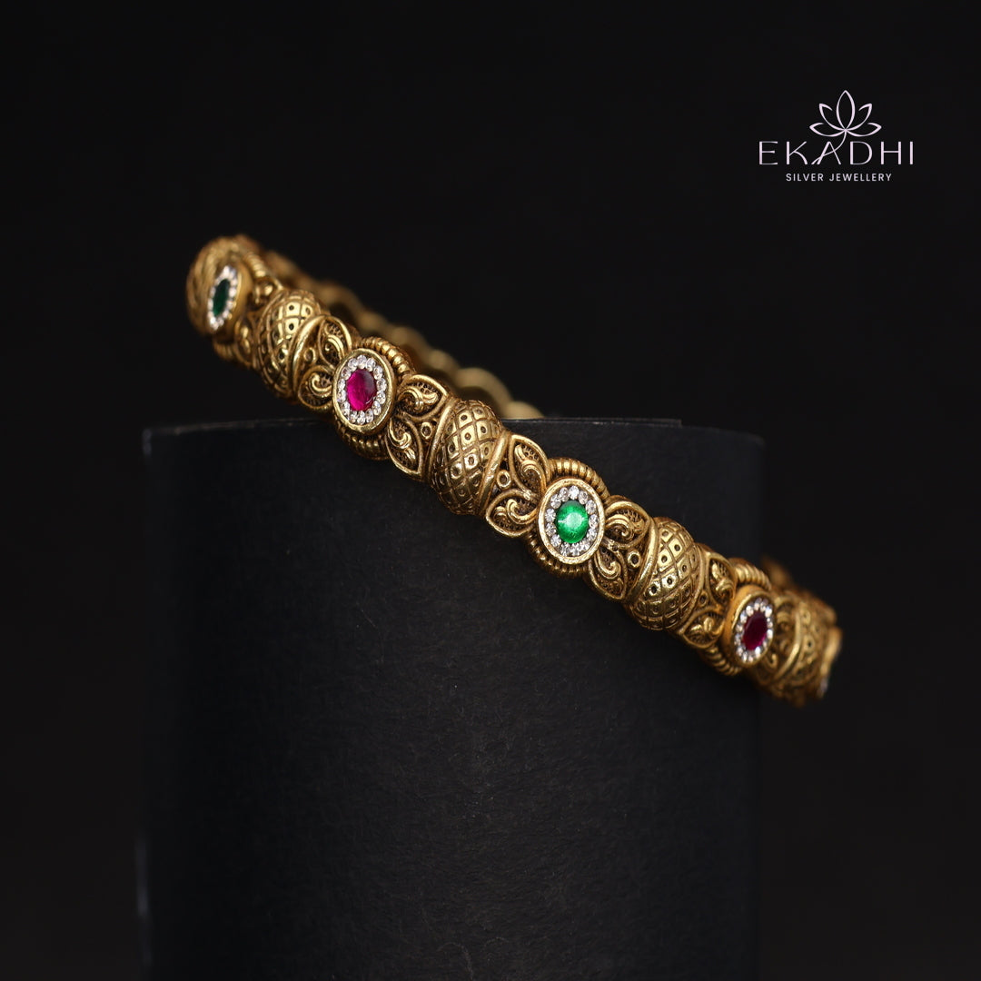 HJ15376-Nakshi CZ Silver Bangle with Traditional Motifs