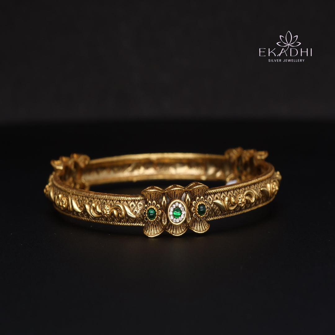 HJ15379-Nakshi CZ Silver Bangle with Traditional Motifs