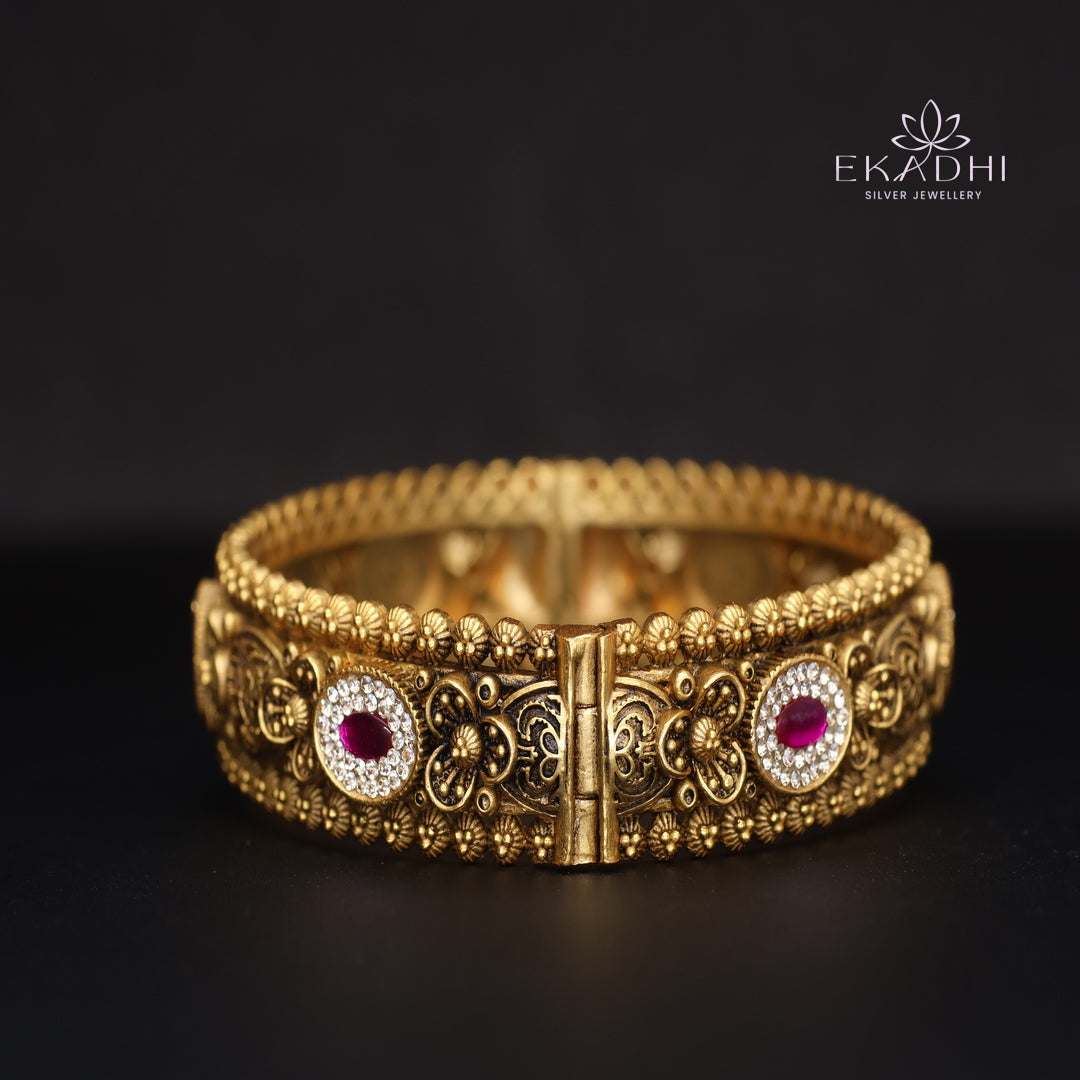 HJ15381-Nakshi CZ Silver Bangle with Traditional Motifs