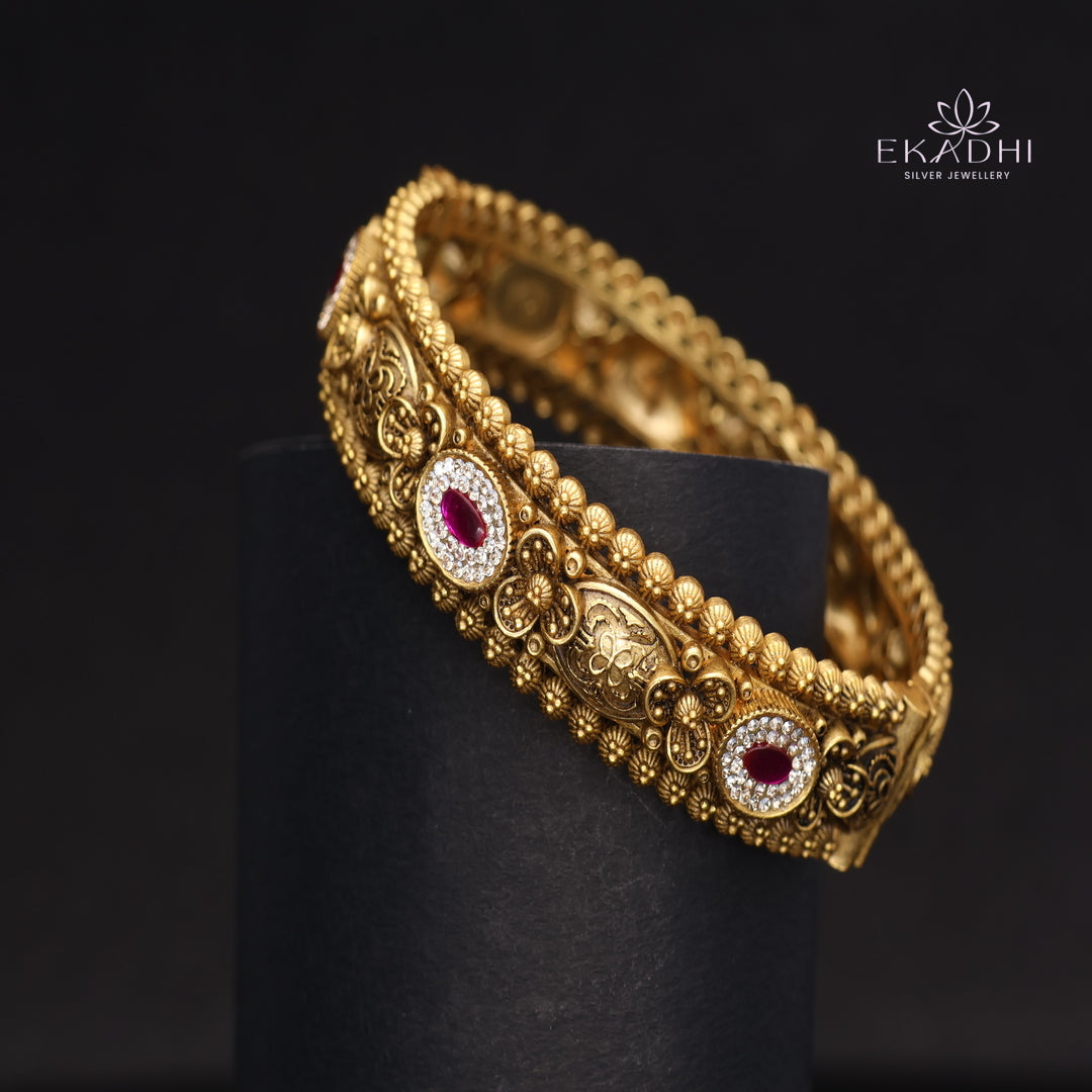 HJ15381-Nakshi CZ Silver Bangle with Traditional Motifs